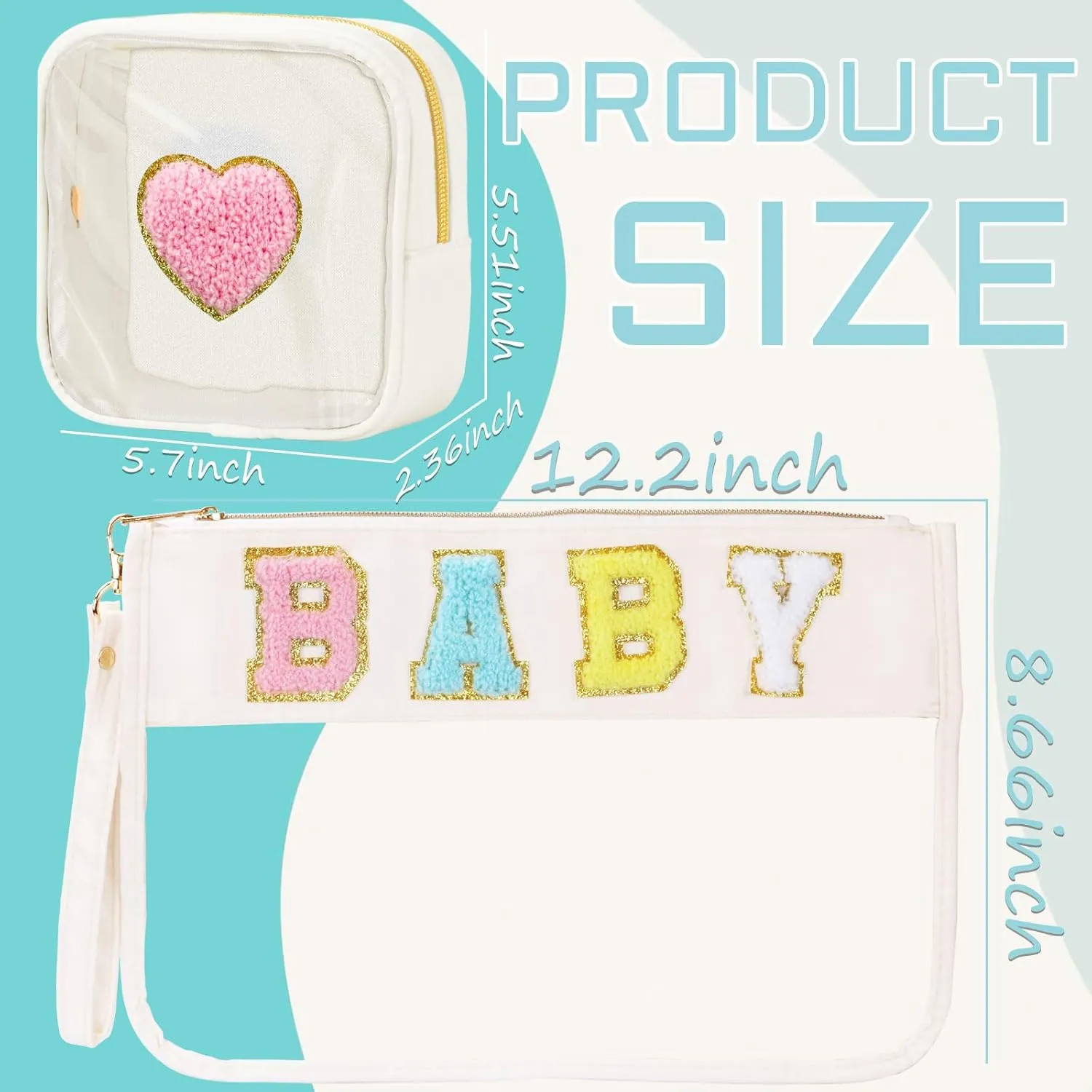 2 Pcs Preppy Patch Clear Baby Bag, Women Chenille Letter Makeup Cosmetic Bag for Travel, PVC Waterproof Organization Outdoor Zipper Pouch Toiletry Bag for Women Girl