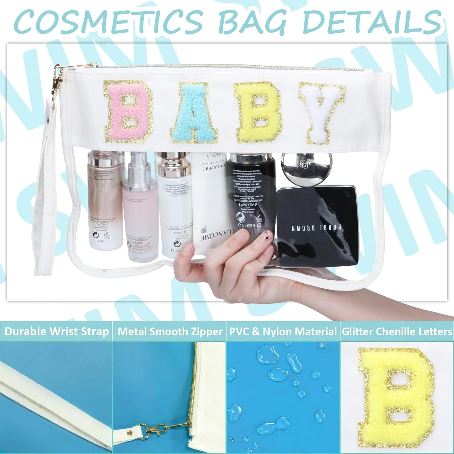 2 Pcs Preppy Patch Clear Baby Bag, Women Chenille Letter Makeup Cosmetic Bag for Travel, PVC Waterproof Organization Outdoor Zipper Pouch Toiletry Bag for Women Girl