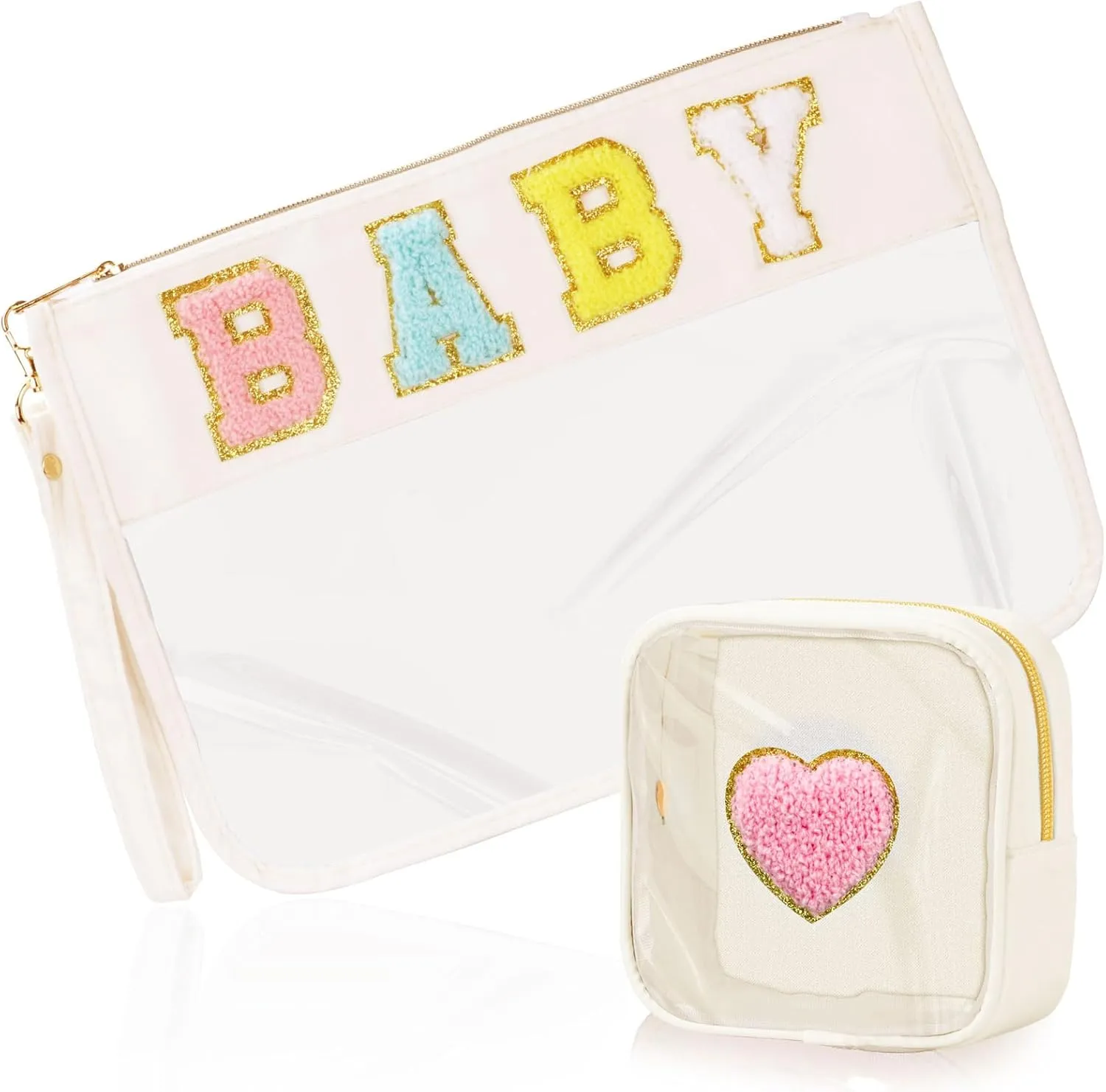 2 Pcs Preppy Patch Clear Baby Bag, Women Chenille Letter Makeup Cosmetic Bag for Travel, PVC Waterproof Organization Outdoor Zipper Pouch Toiletry Bag for Women Girl