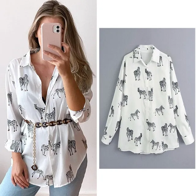 2021 Women's Long Sleeve Zebra Print Shirt Sizes XS - L