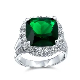 7CT Green CZ Emerald Cut Cocktail Statement Ring Silver Plated Brass