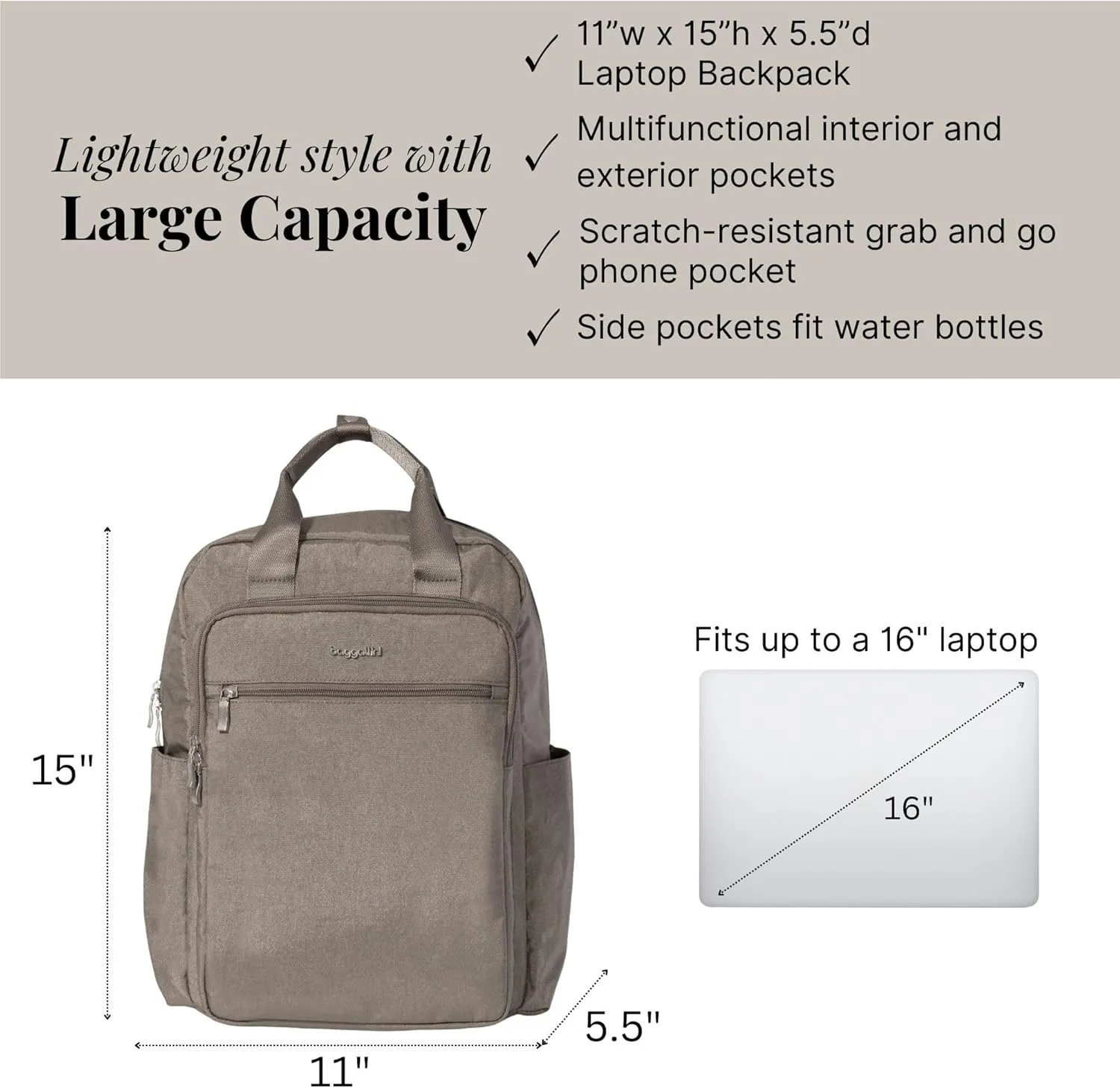 Baggallini Commuter Laptop Lightweight 15x11 Travel Backpack W/RFID & Luggage Sleeve