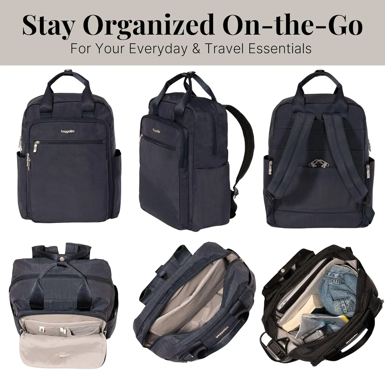 Baggallini Commuter Laptop Lightweight 15x11 Travel Backpack W/RFID & Luggage Sleeve
