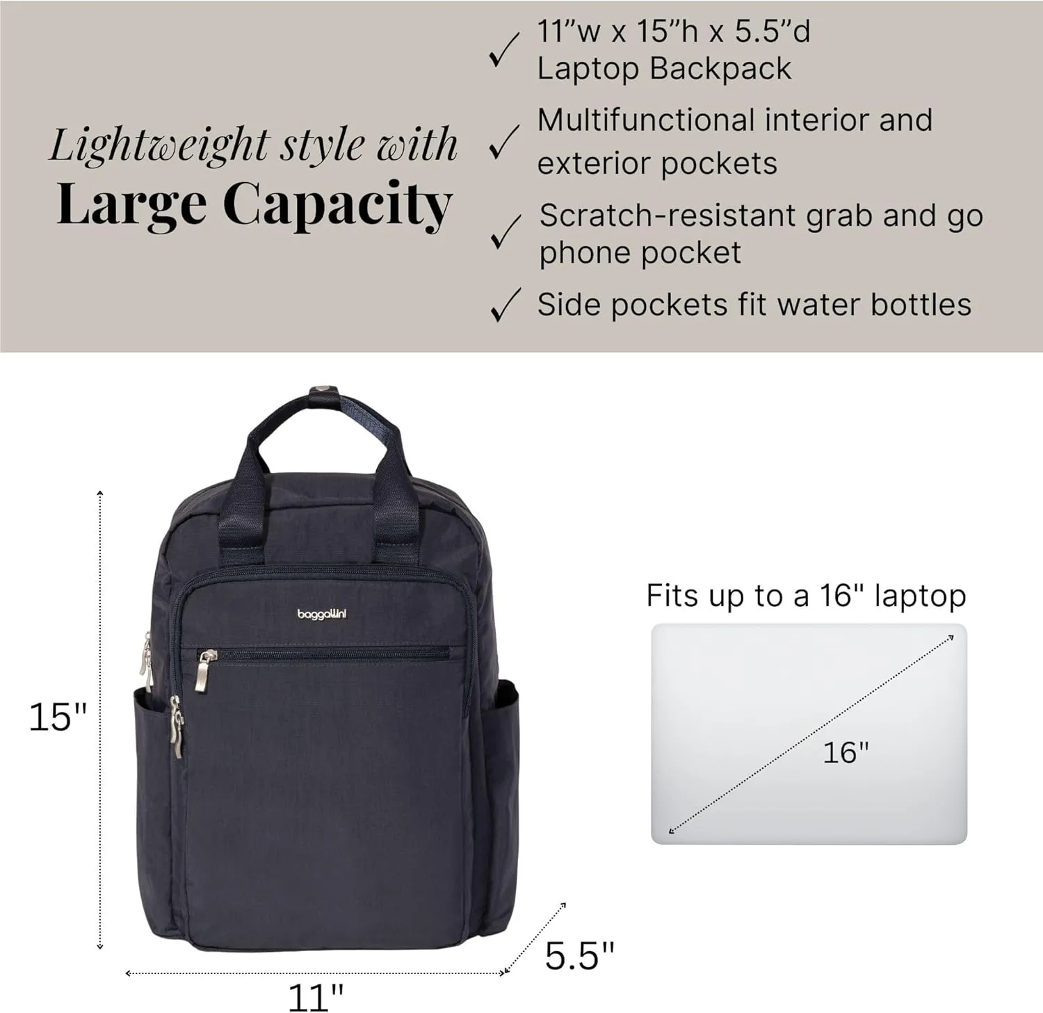 Baggallini Commuter Laptop Lightweight 15x11 Travel Backpack W/RFID & Luggage Sleeve