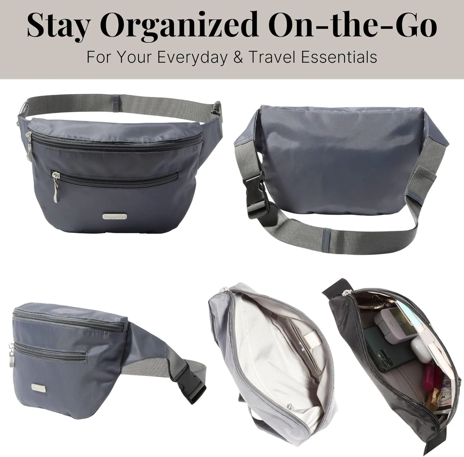 Baggallini Essential Belt Bag-9x6 Crossbody Fanny Waist Pack W/RFID & Adjustable Strap