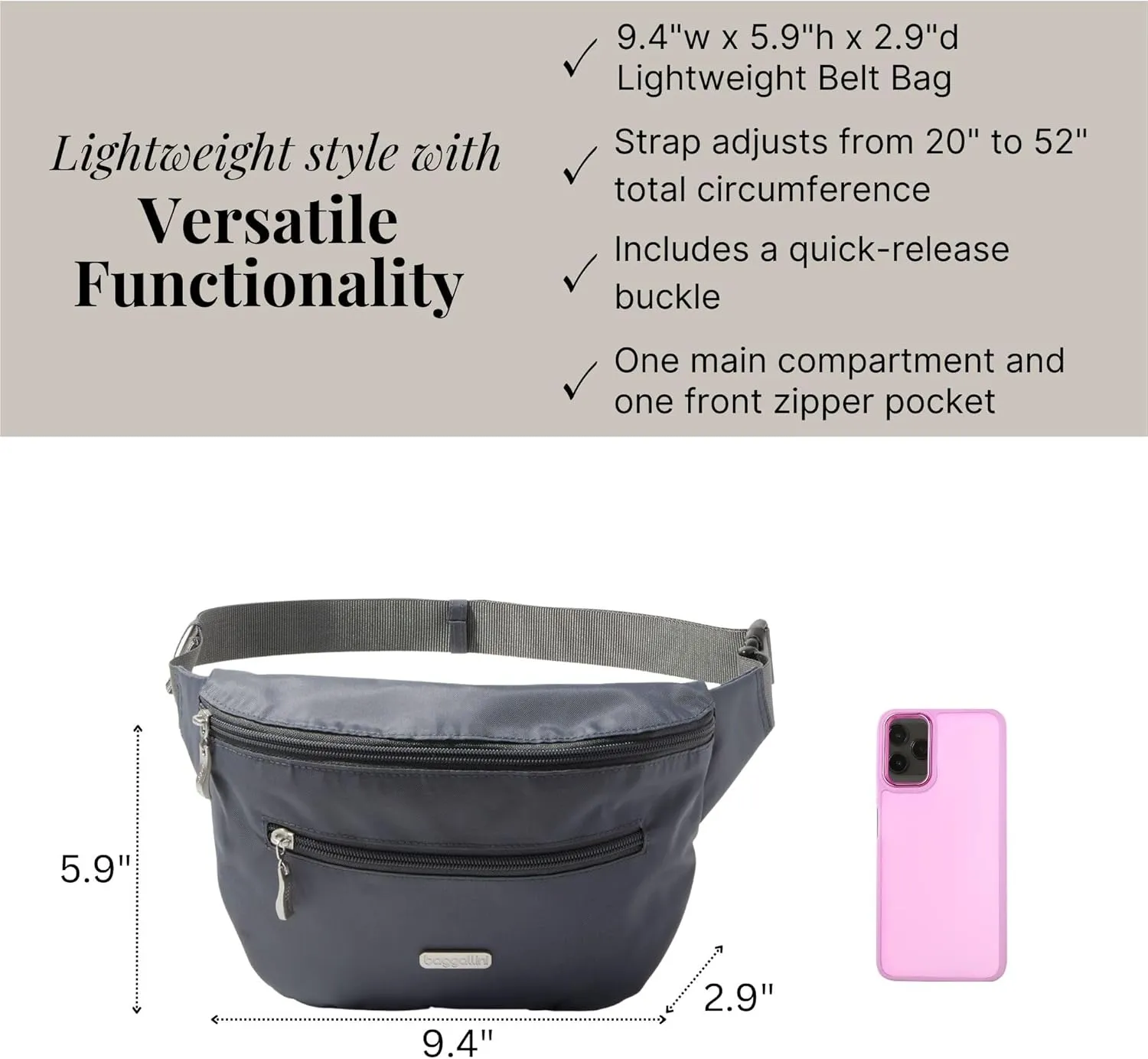 Baggallini Essential Belt Bag-9x6 Crossbody Fanny Waist Pack W/RFID & Adjustable Strap
