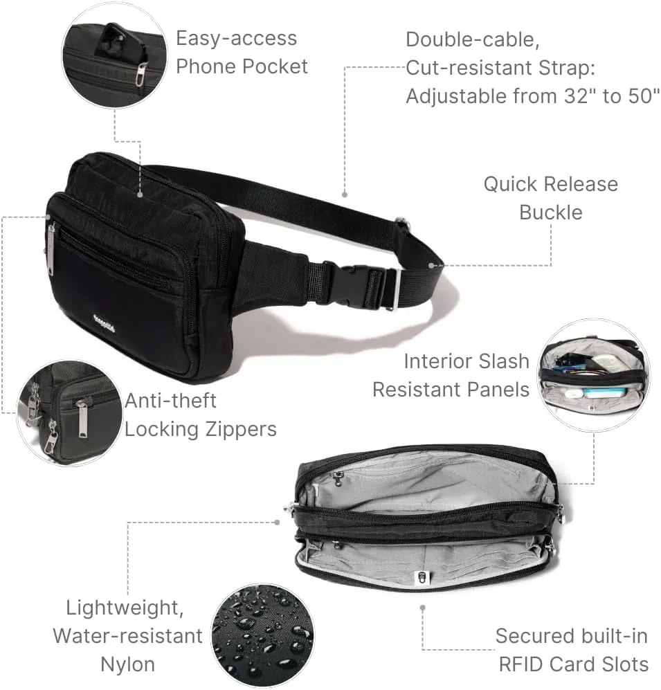 Baggallini Securtex Anti-Theft Belt Fanny Pack for Women RFID Wallet Locking Zipper-Travel Bag Crossbody Purse