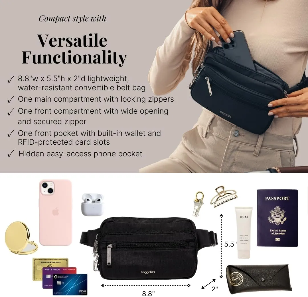 Baggallini Securtex Anti-Theft Belt Fanny Pack for Women RFID Wallet Locking Zipper-Travel Bag Crossbody Purse