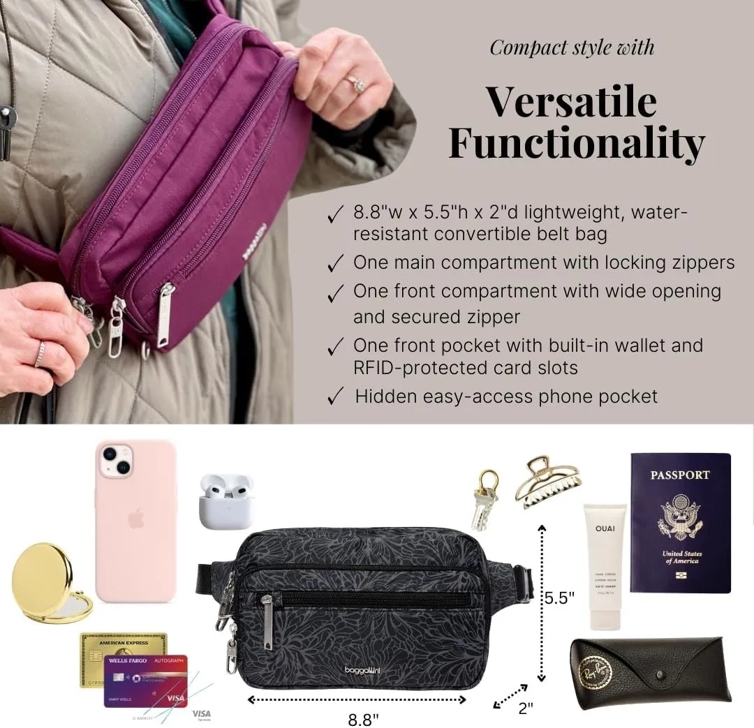 Baggallini Securtex Anti-Theft Belt Fanny Pack for Women RFID Wallet Locking Zipper-Travel Bag Crossbody Purse