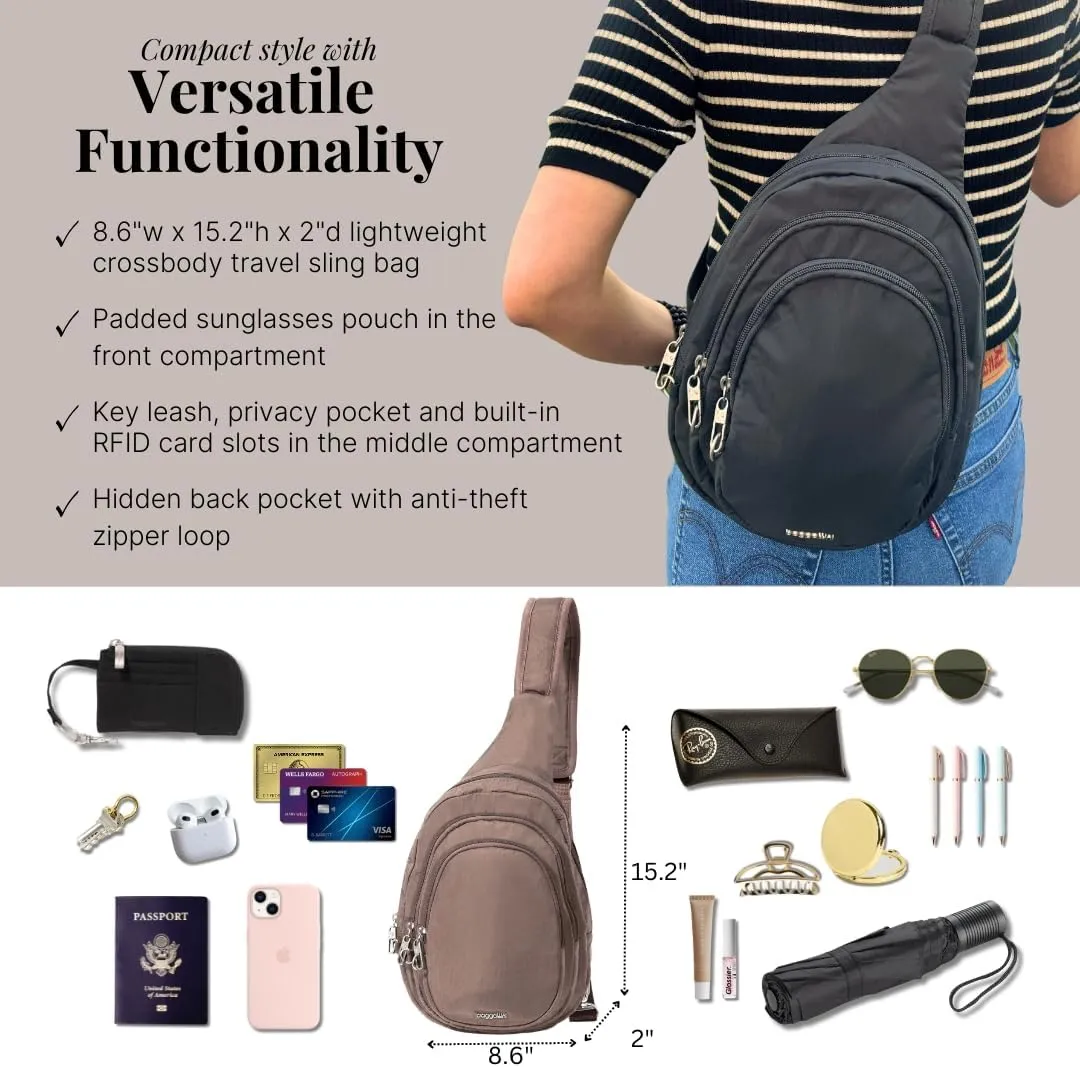 Baggallini Securtex Anti-Theft Triple Zip Sling 8.6"x15.2" Travel Crossbody Backpack with RFID Wallet Locking Zipper