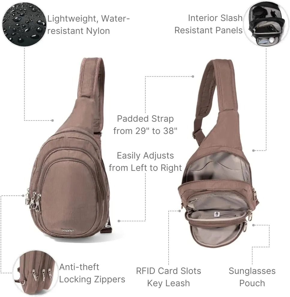 Baggallini Securtex Anti-Theft Triple Zip Sling 8.6"x15.2" Travel Crossbody Backpack with RFID Wallet Locking Zipper