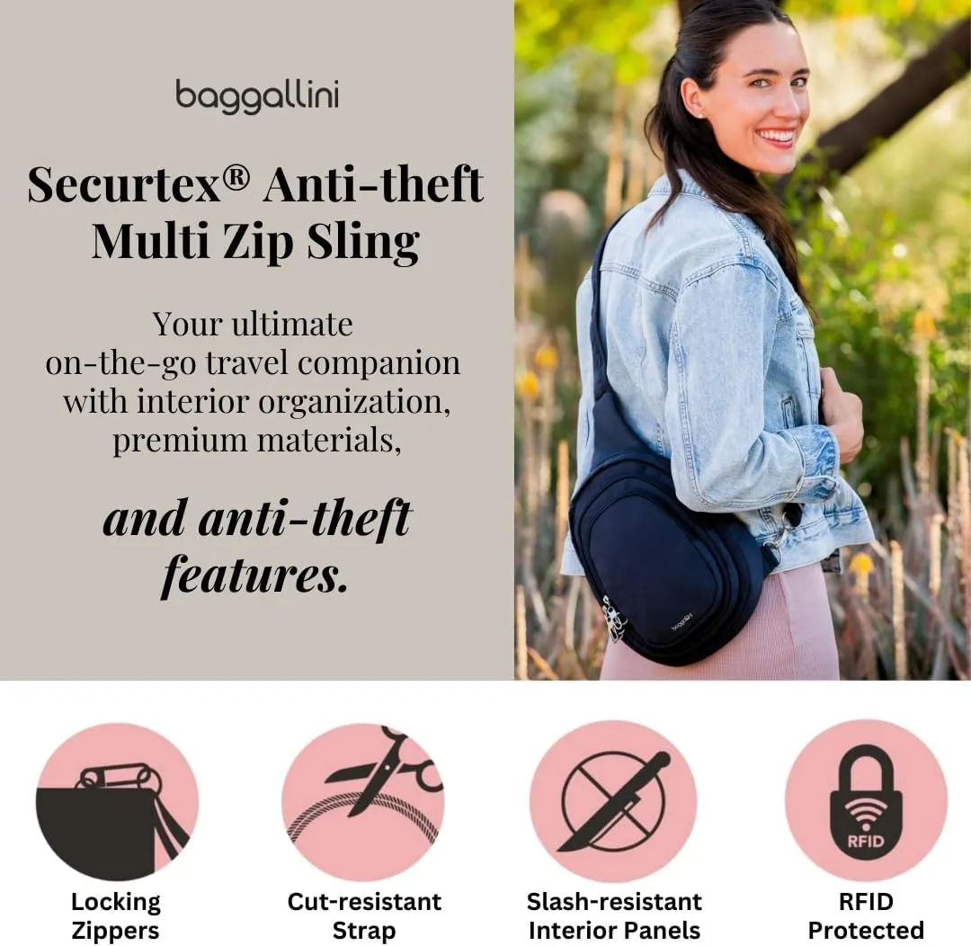 Baggallini Securtex Anti-Theft Triple Zip Sling - Travel Backpack Sling Bag Crossbody - RFID Wallet Locking Zipper