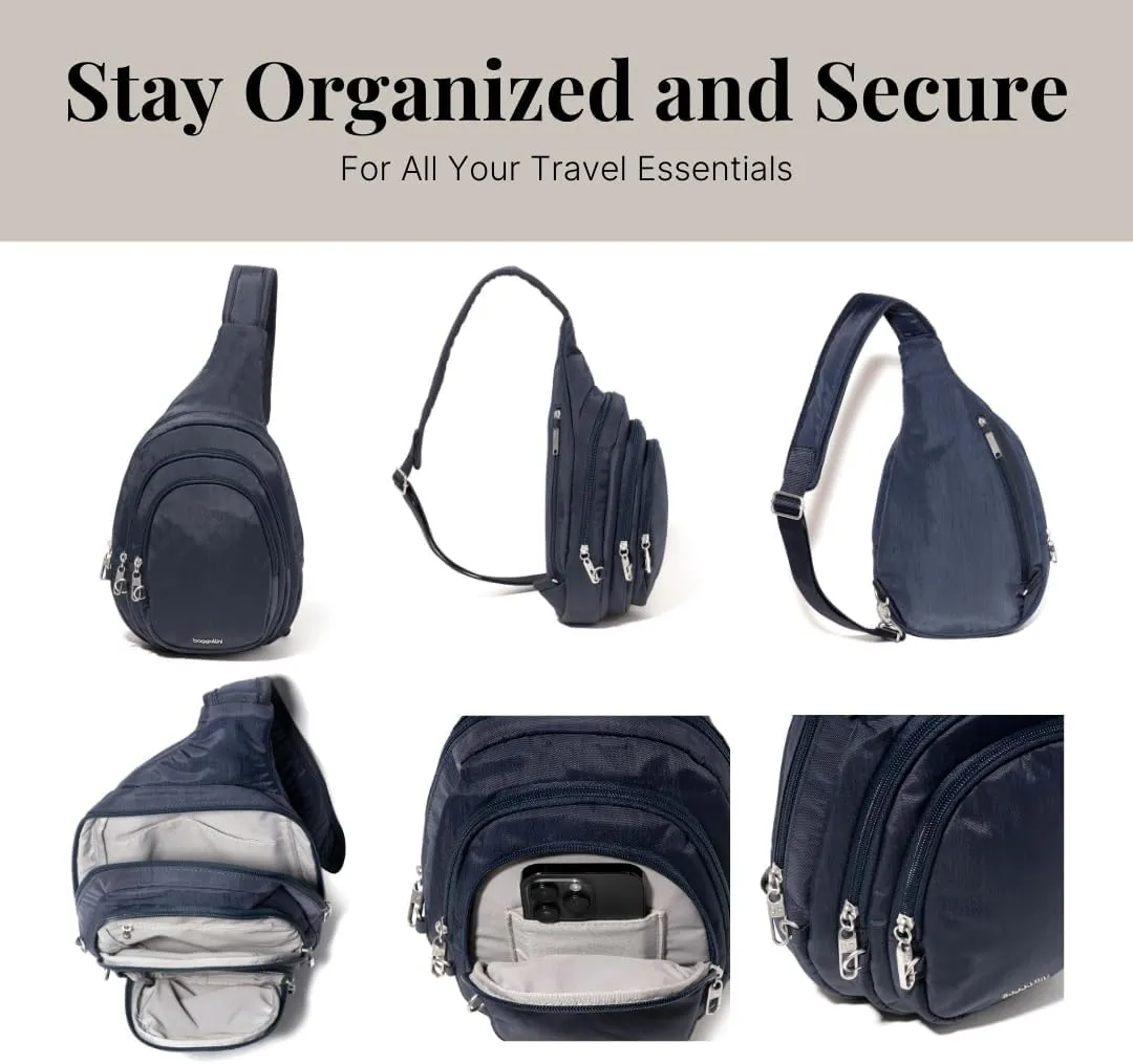 Baggallini Securtex Anti-Theft Triple Zip Sling - Travel Backpack Sling Bag Crossbody - RFID Wallet Locking Zipper