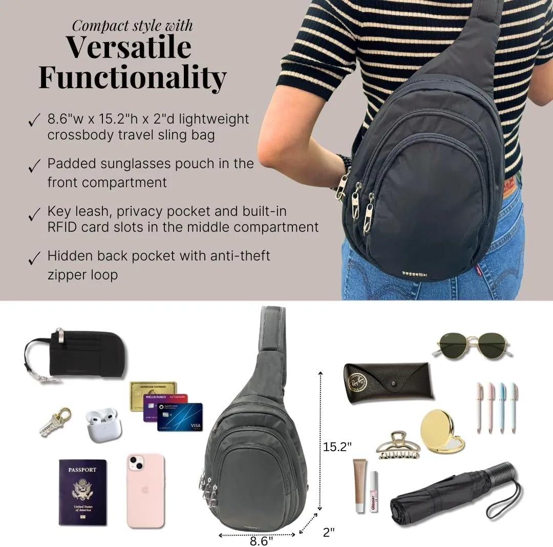 Baggallini Securtex Anti-Theft Triple Zip Sling - Travel Backpack Sling Bag Crossbody - RFID Wallet Locking Zipper
