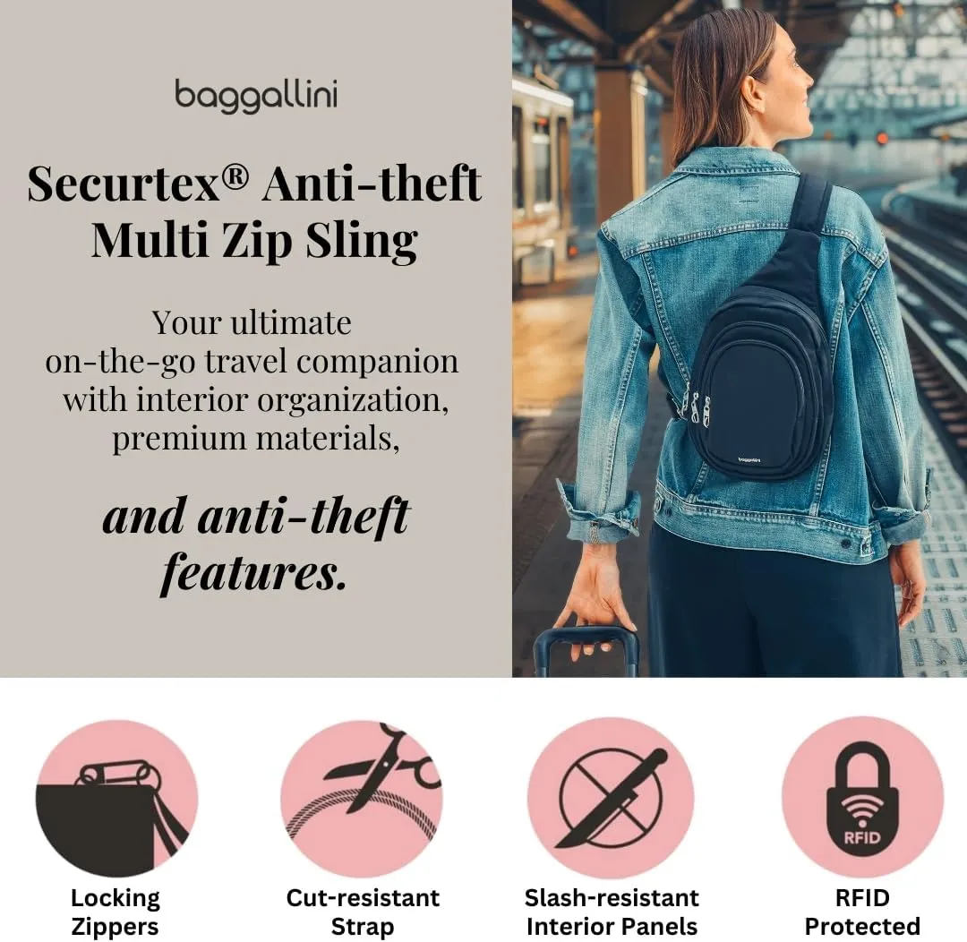 Baggallini Securtex Anti-Theft Triple Zip Sling - Travel Backpack Sling Bag Crossbody - RFID Wallet Locking Zipper