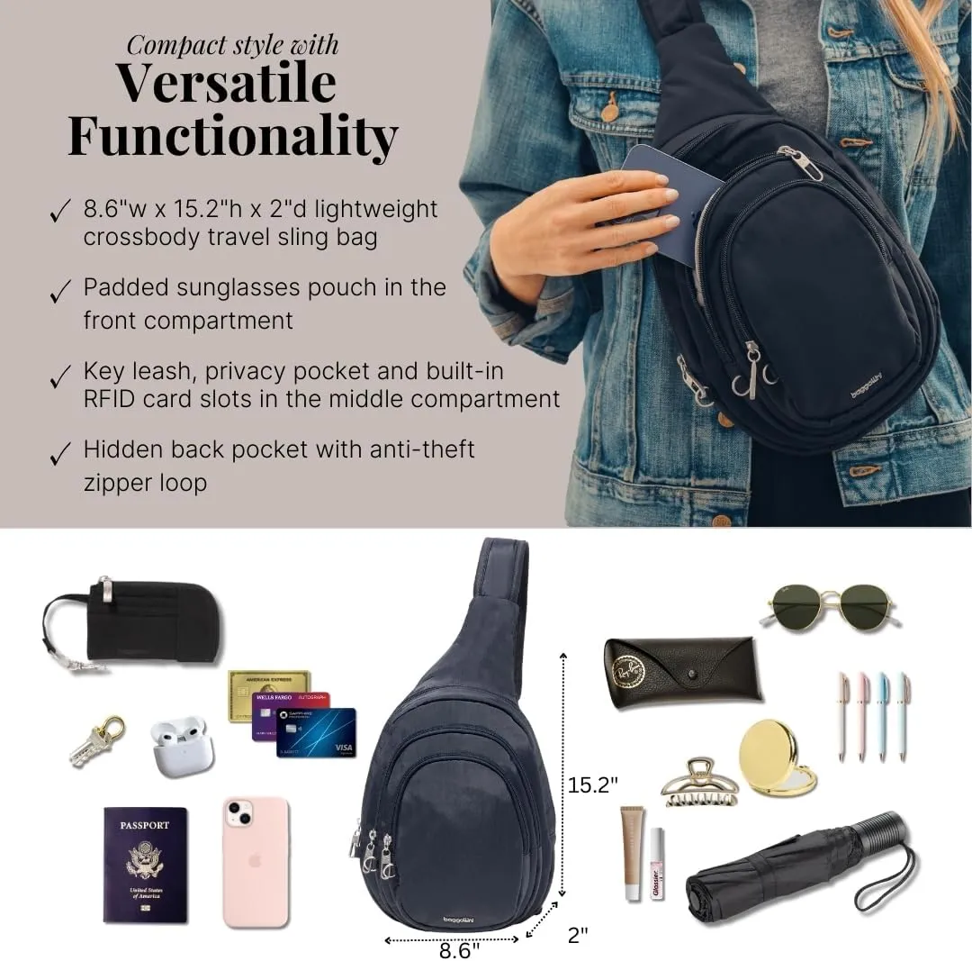 Baggallini Securtex Anti-Theft Triple Zip Sling - Travel Backpack Sling Bag Crossbody - RFID Wallet Locking Zipper