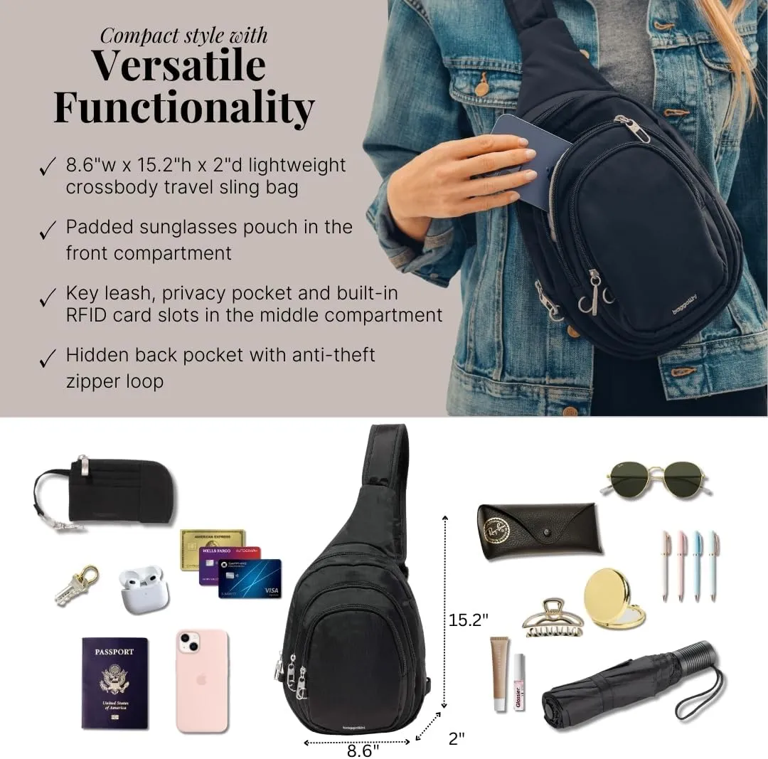 Baggallini Securtex Anti-Theft Triple Zip Sling - Travel Backpack Sling Bag Crossbody - RFID Wallet Locking Zipper