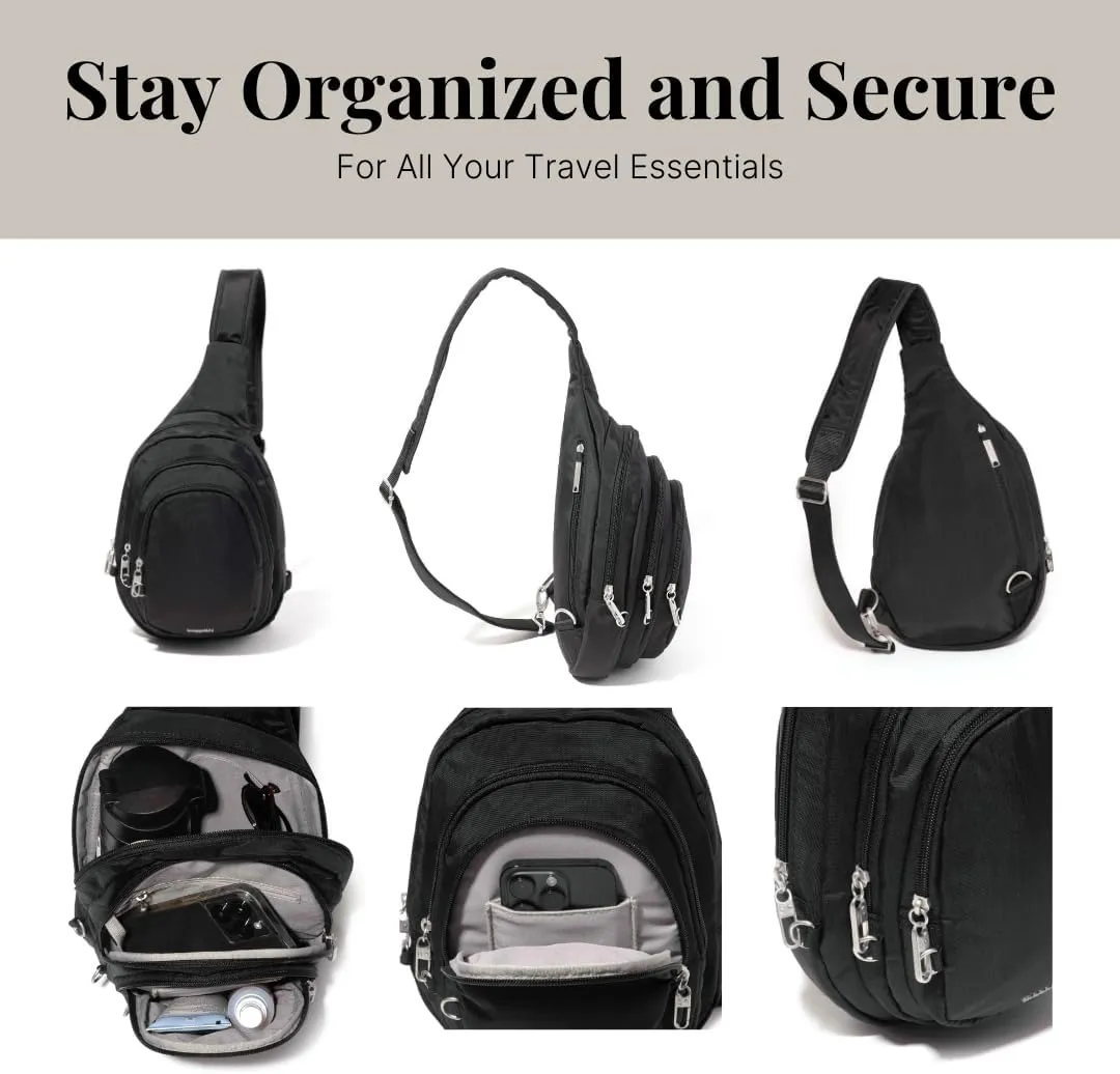 Baggallini Securtex Anti-Theft Triple Zip Sling - Travel Backpack Sling Bag Crossbody - RFID Wallet Locking Zipper