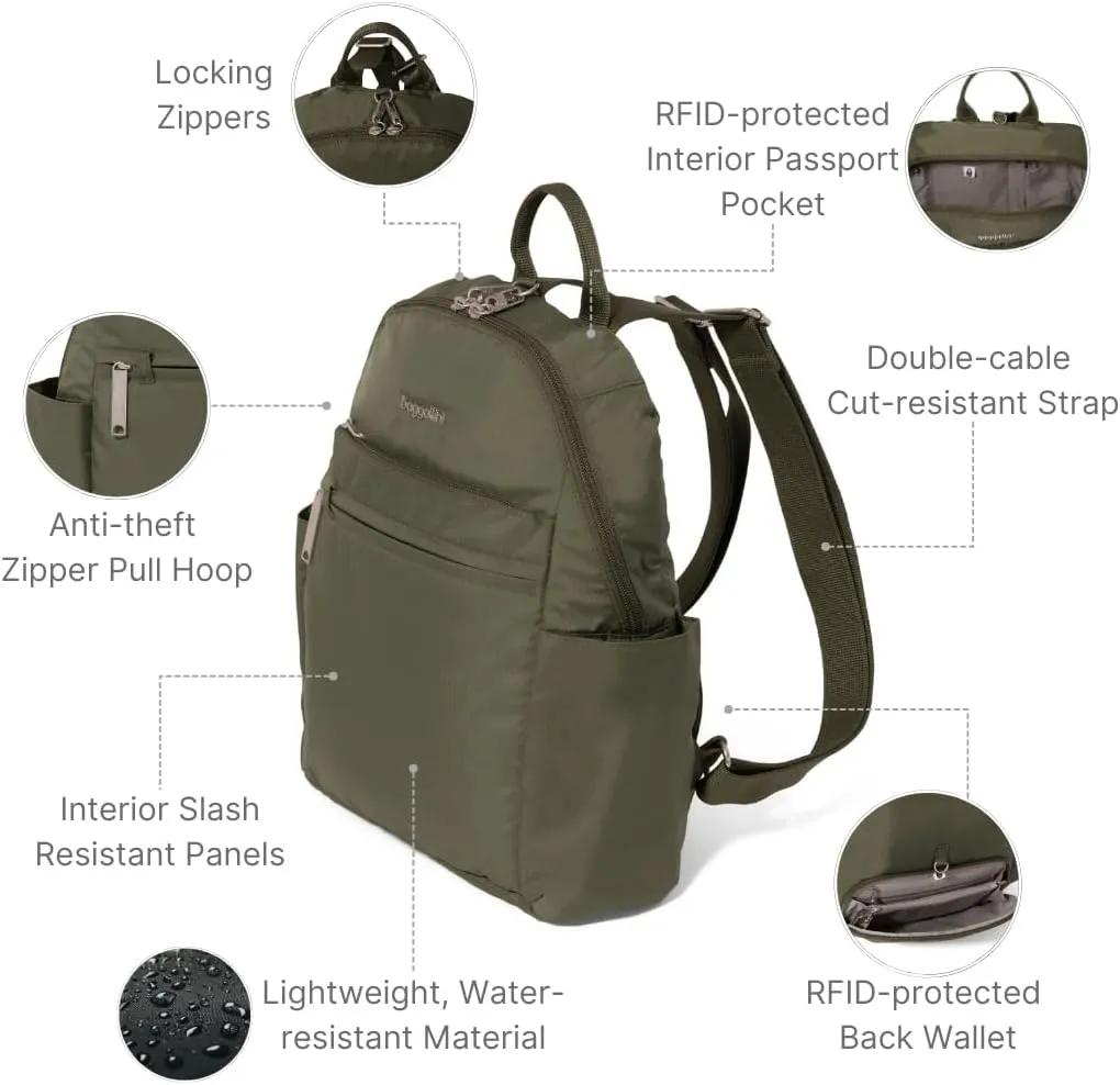 Baggallini Securtex Anti-theft Vacation Travel Backpack 10x13 Slash-Resistant Nylon Daypack w/RFID