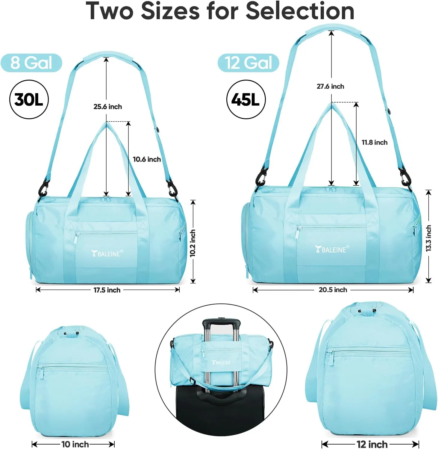 BALEINE Gym Duffel Bag for Women and Men, Small for Sports, Gyms and Weekend Getaway, Waterproof Dufflebag with Shoe and Wet Clothes Compartments, Lightweight Carryon Gymbag (Azure)