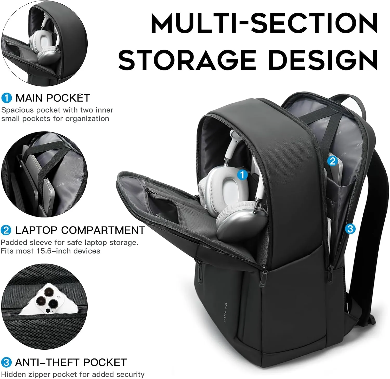 BANGE Durable Business Smart Backpack for Men and Womencan holds 15.6 Inches Laptop Backpack, Waterproof Commute Work Travel Backpack, Flight Carry-On (black)