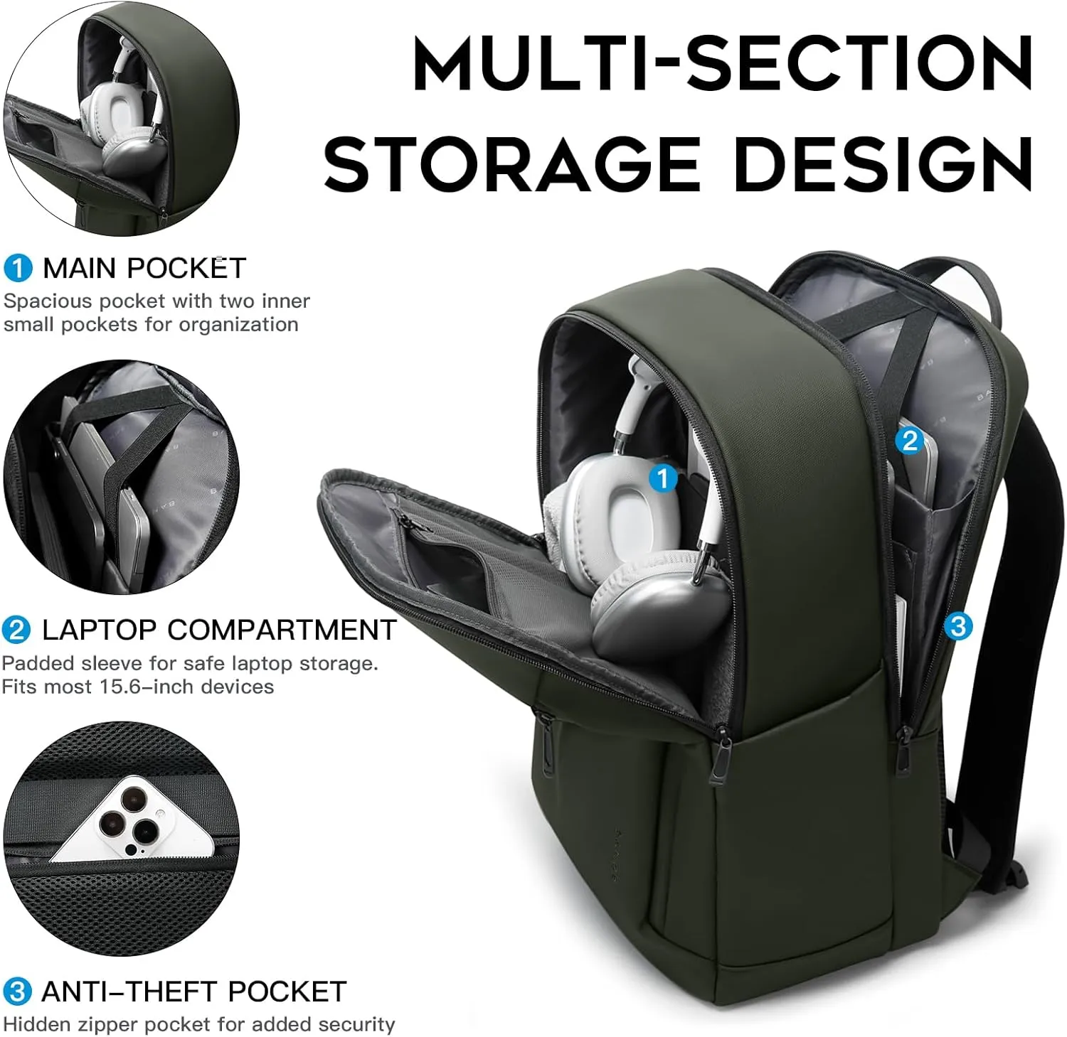 BANGE Durable Business Smart Backpack for Men and Womencan holds 15.6 Inches Laptop Backpack, Waterproof Commute Work Travel Backpack, Flight Carry-On (green)