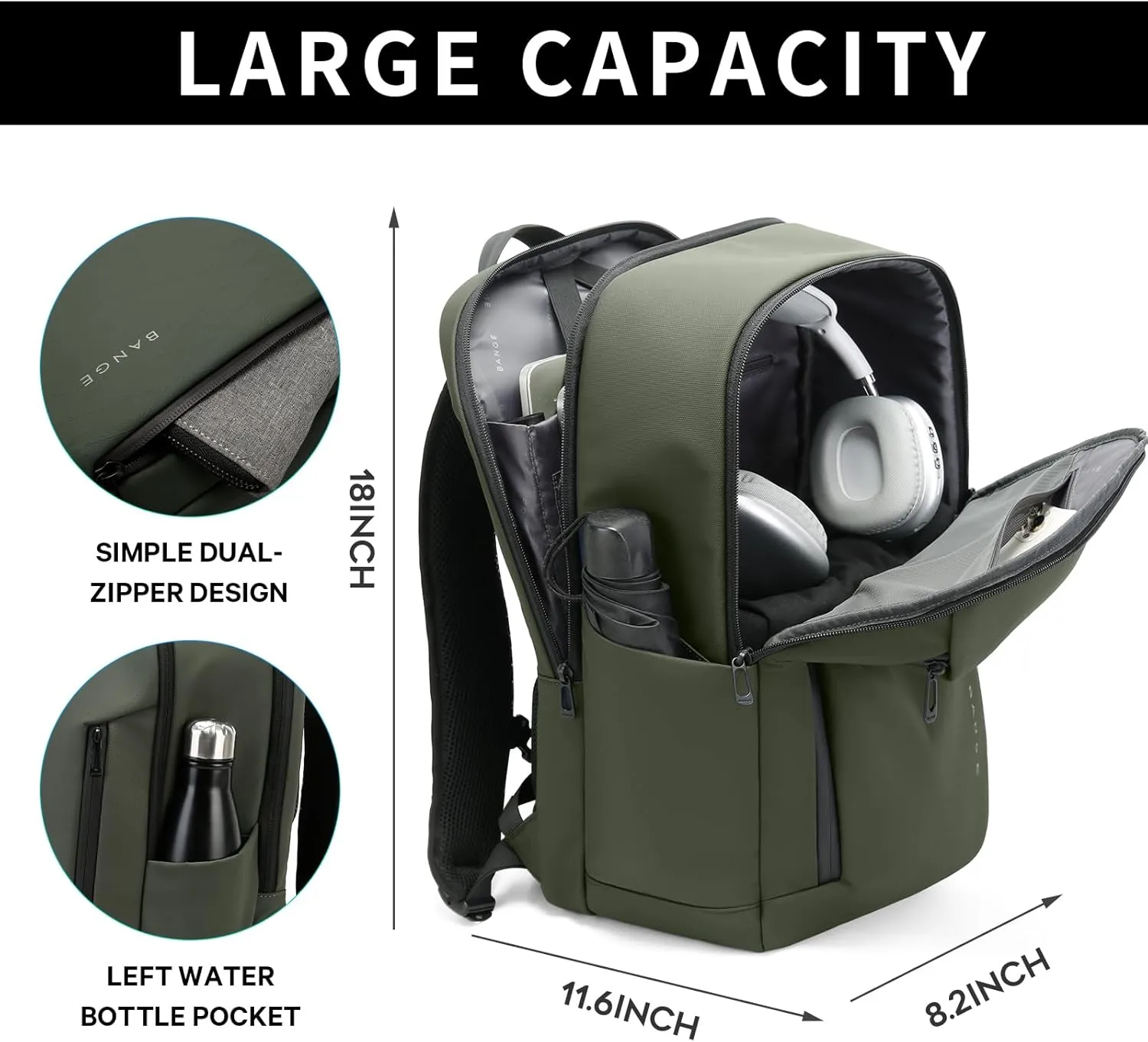 BANGE Durable Business Smart Backpack for Men and Womencan holds 15.6 Inches Laptop Backpack, Waterproof Commute Work Travel Backpack, Flight Carry-On (green)