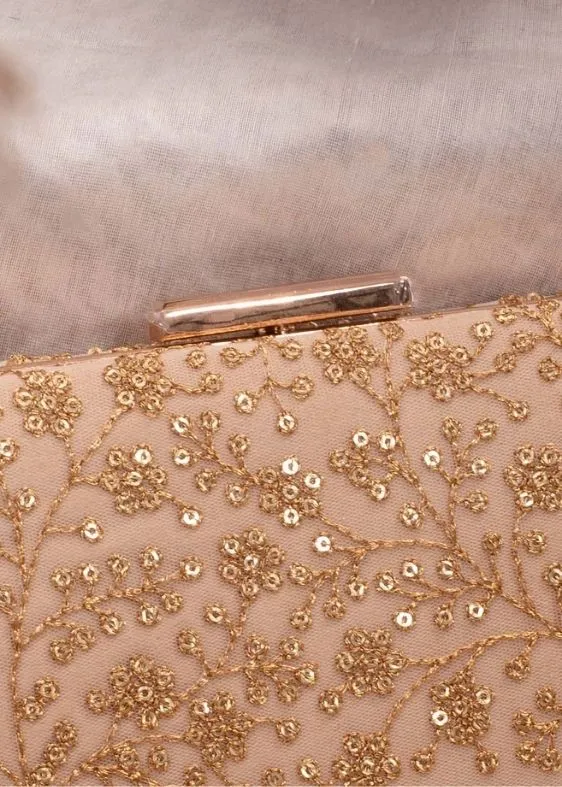 Beige Sequin Embroidered Box Clutch