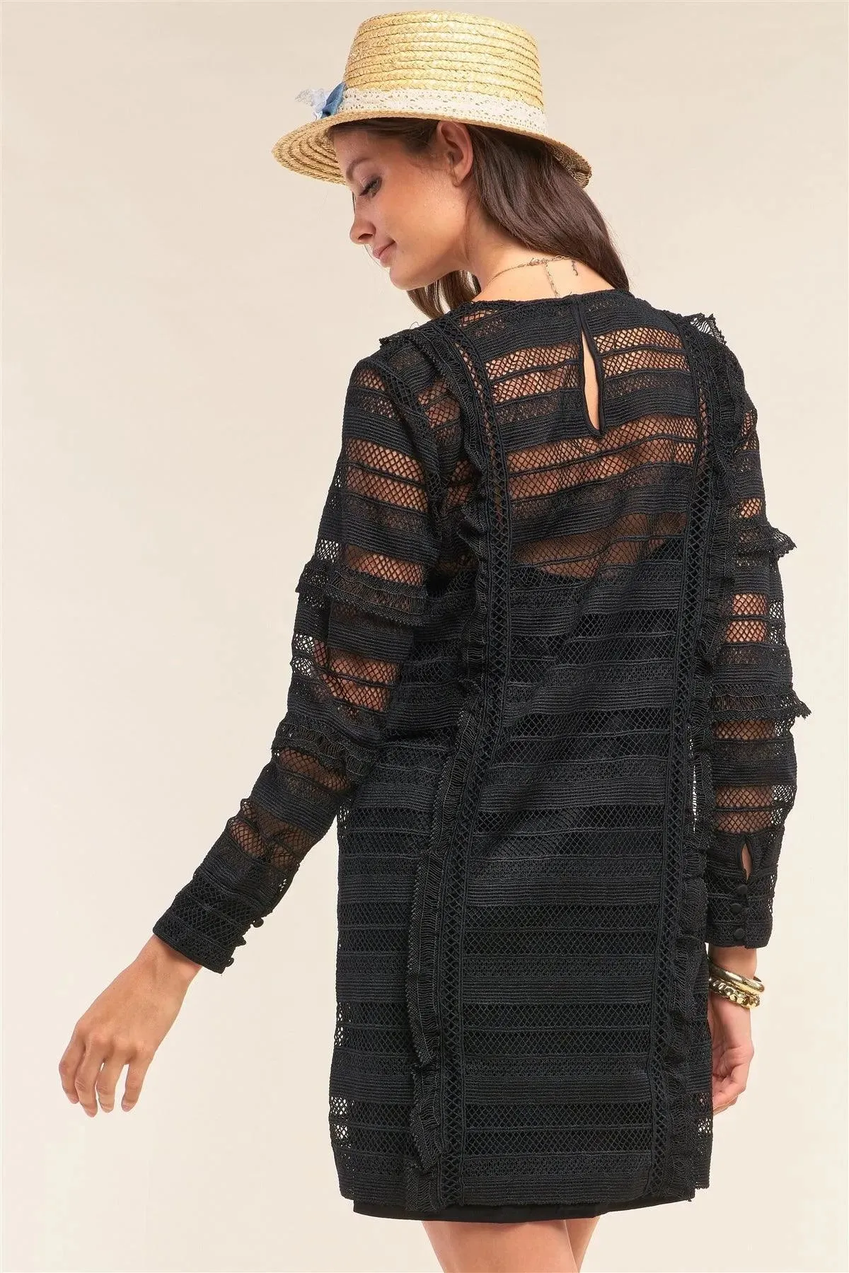 Black Crochet Lace Mesh Crew Neck Long Sleeve Frill Trim Detail Mini Dress /2-2-1