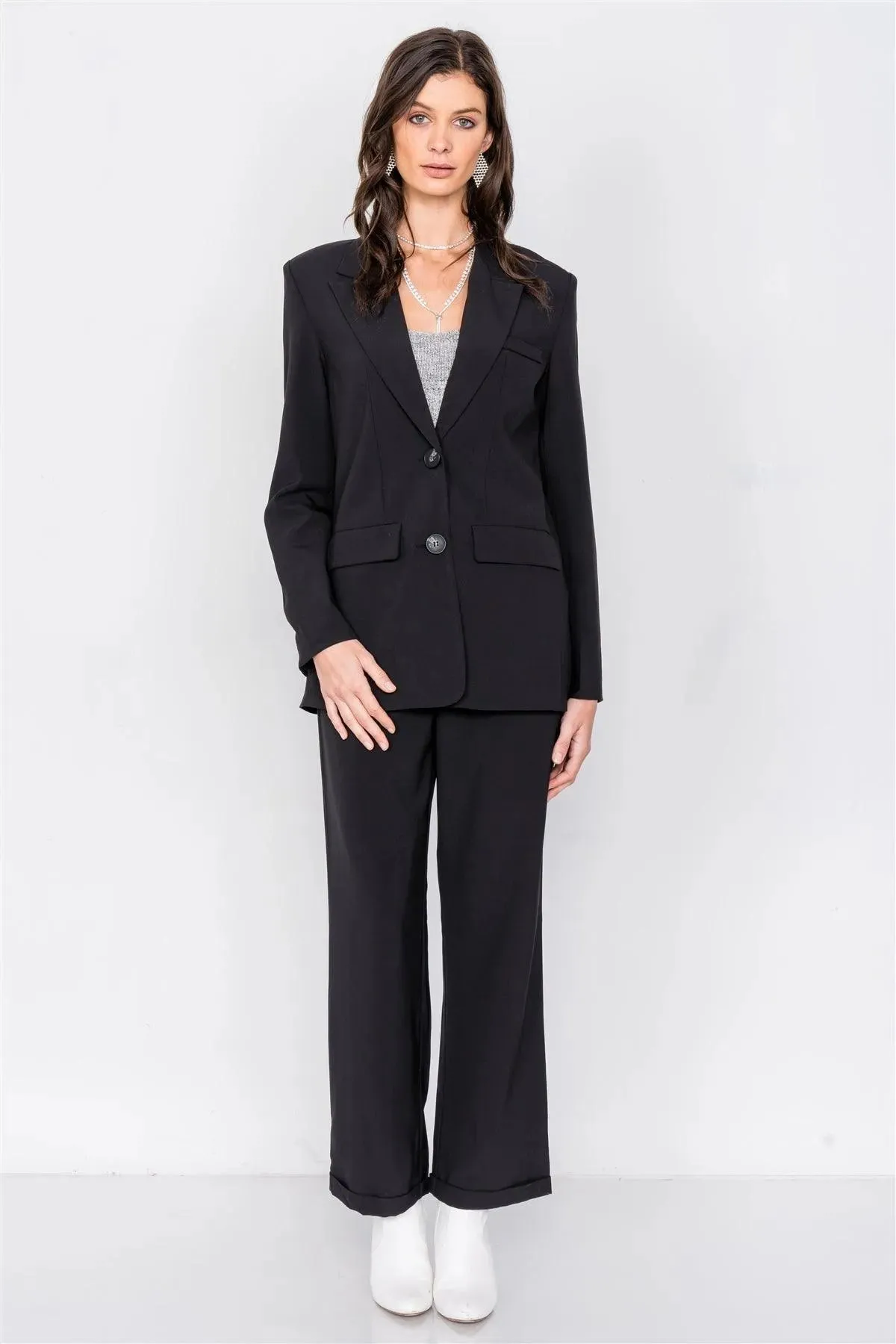 Black Fitted Blazer Office Chic High-Waist Ankle Pant Set /3-2-1