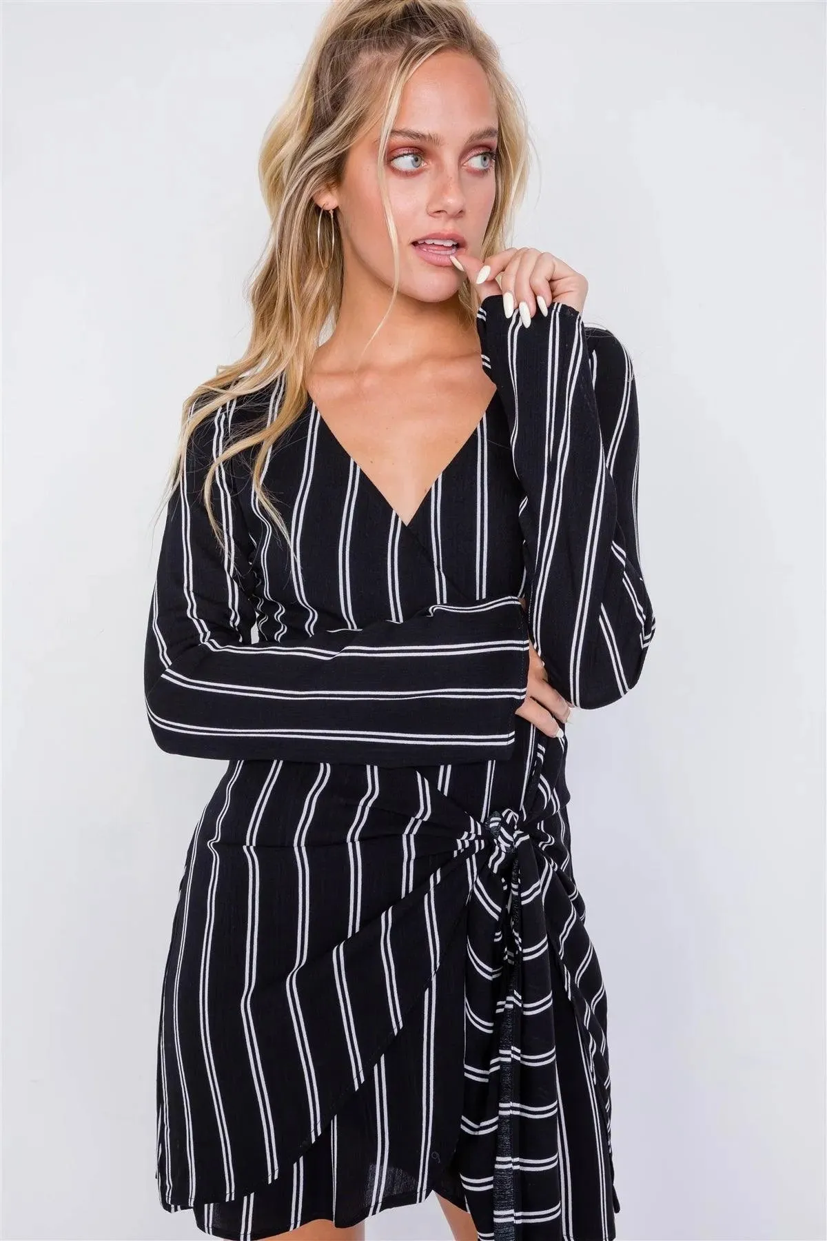 Black Ivory Stripe Mock Wrap Office Chic Mini Dress /3-2-1