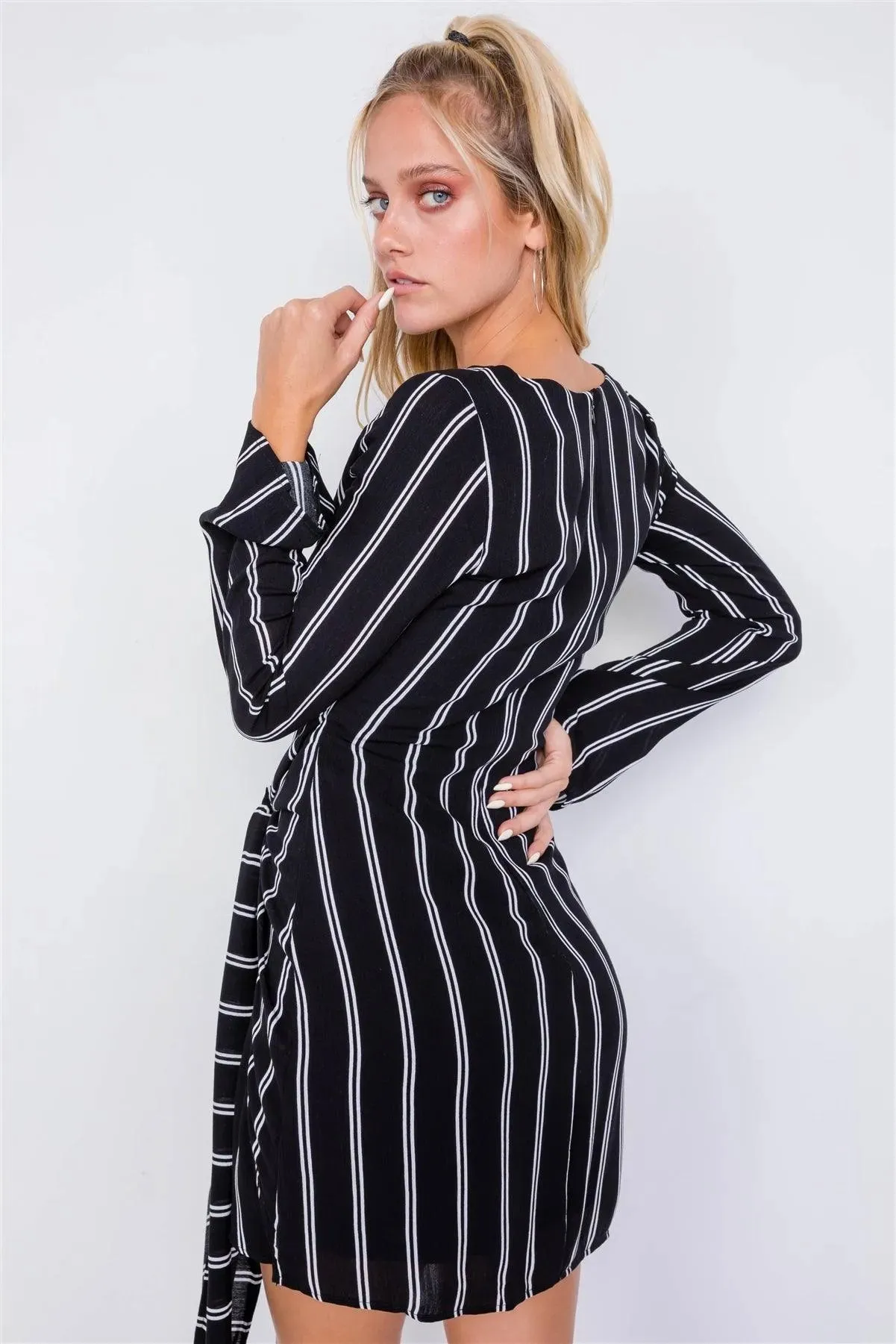 Black Ivory Stripe Mock Wrap Office Chic Mini Dress /3-2-1