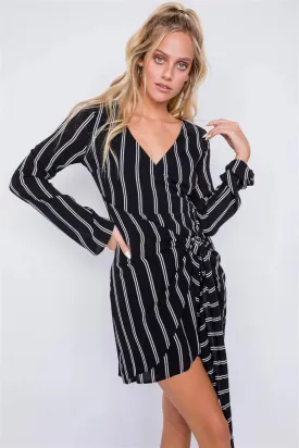 Black Ivory Stripe Mock Wrap Office Chic Mini Dress /3-2-1