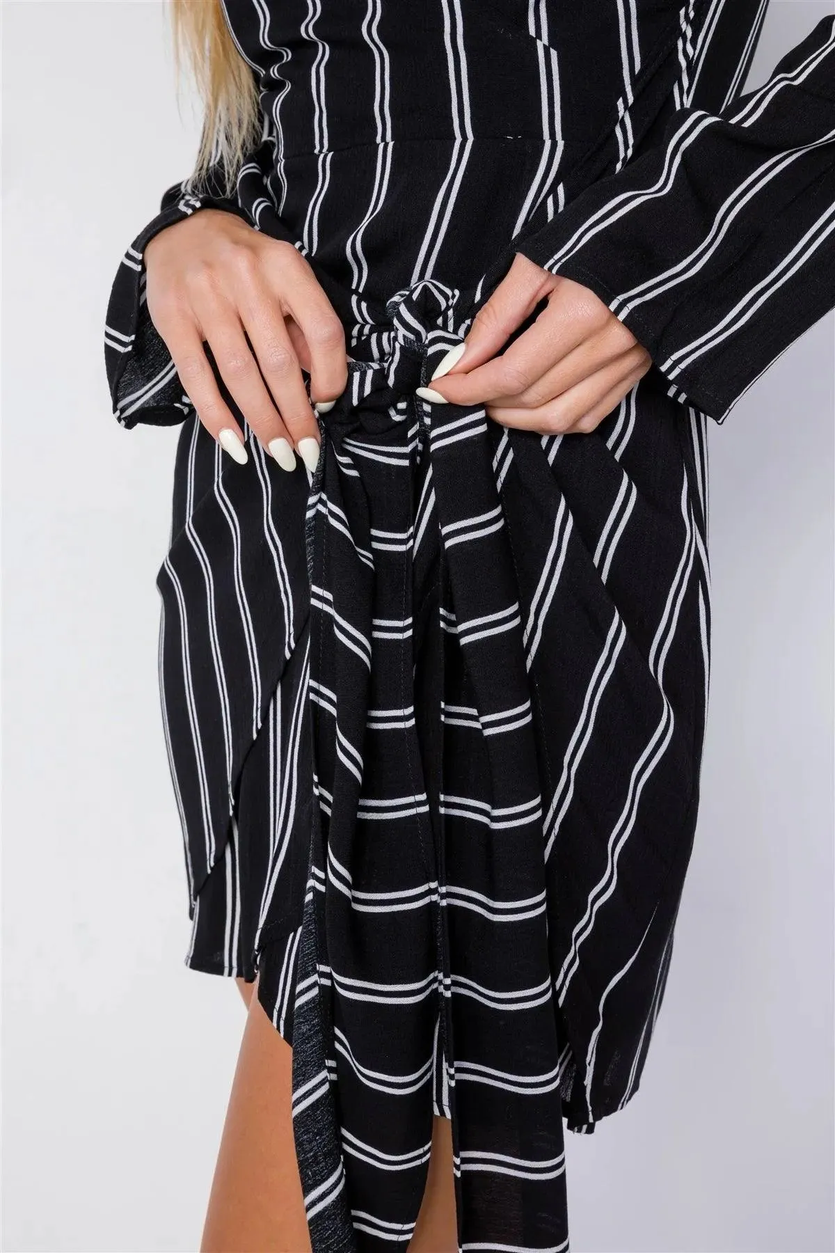 Black Ivory Stripe Mock Wrap Office Chic Mini Dress /3-2-1