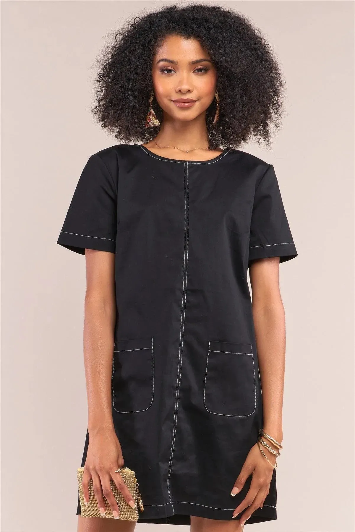 Black Short Sleeve Crew Neck Front Pocket Shift Mini Dress /1-2-2-1
