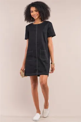Black Short Sleeve Crew Neck Front Pocket Shift Mini Dress /1-2-2-1