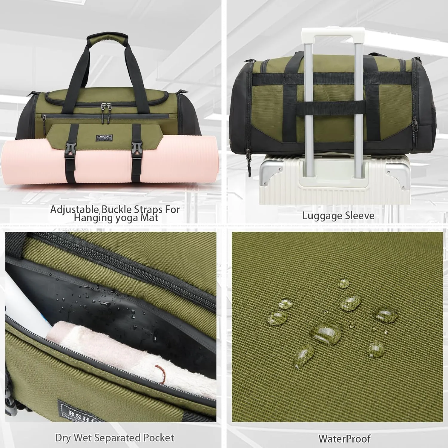BSHG Sports Bag For Men & Women With Shoes Compartment And Wet Pocket, Sports Duffle Bag, Workout Bags For Gym Swimming Yoga,Waterproof Weekend Overnight Carry On Bag B-GA-002-Green