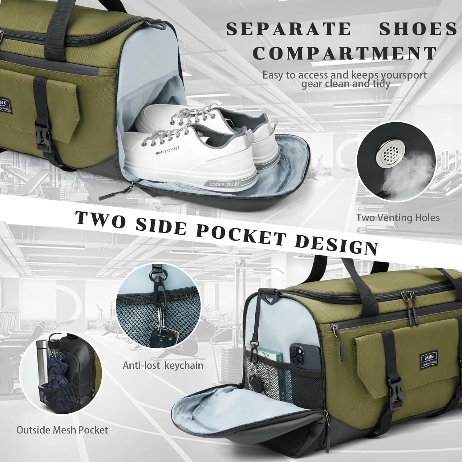 BSHG Sports Bag For Men & Women With Shoes Compartment And Wet Pocket, Sports Duffle Bag, Workout Bags For Gym Swimming Yoga,Waterproof Weekend Overnight Carry On Bag B-GA-002-Green