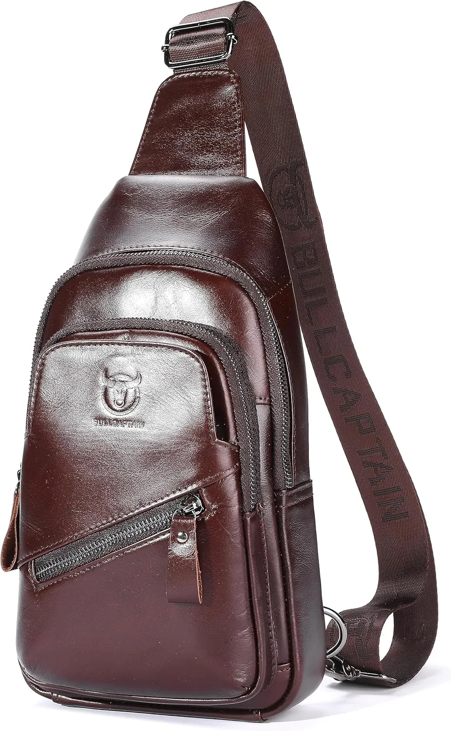 BULLCAPTAIN Mens Leather Sling Bag Backpack Casual Outdoor Shoulder Crossbody Chest Bag with USB Charging Port