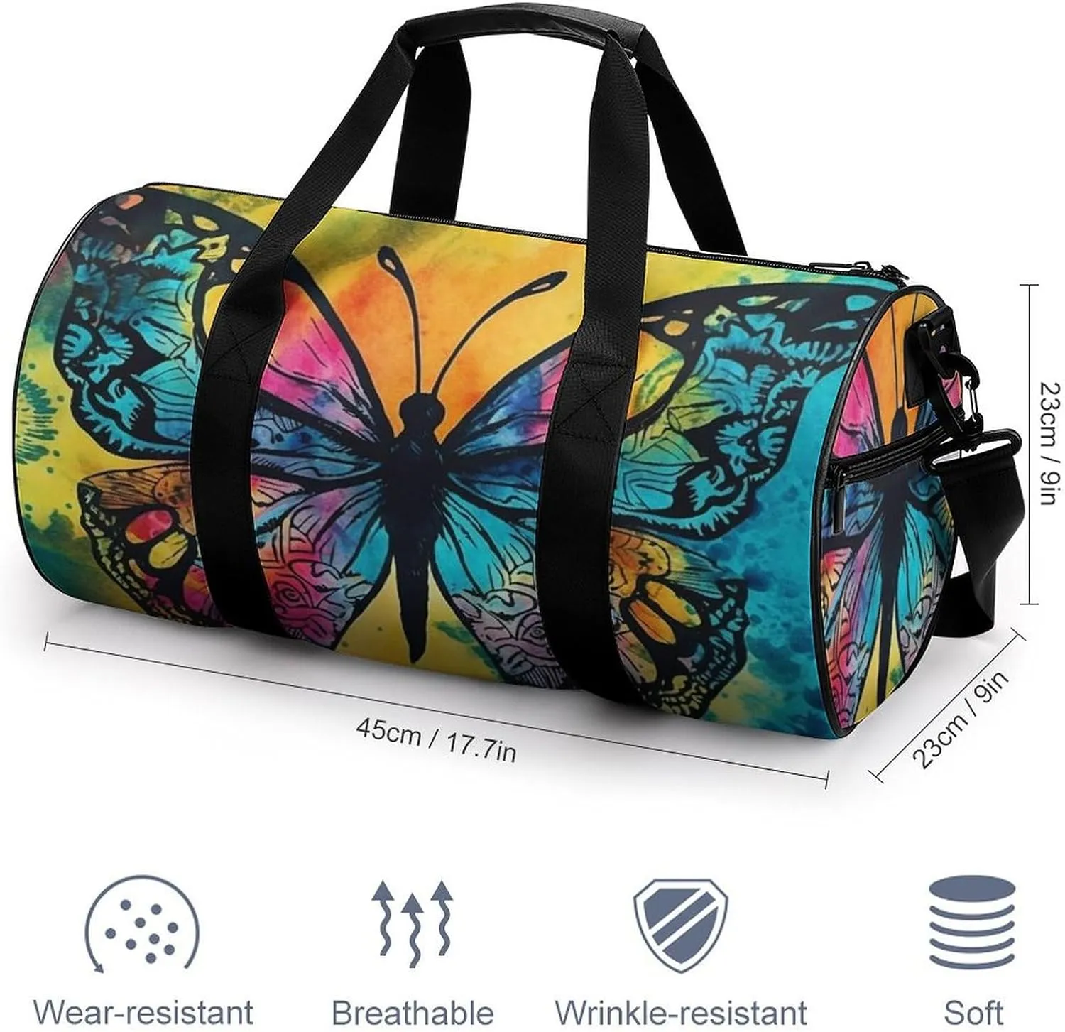 Butterfly Tie Dye Gym Bag Small Travel Duffle Bag with Compartment Carry On Weekender Bag for Women Men