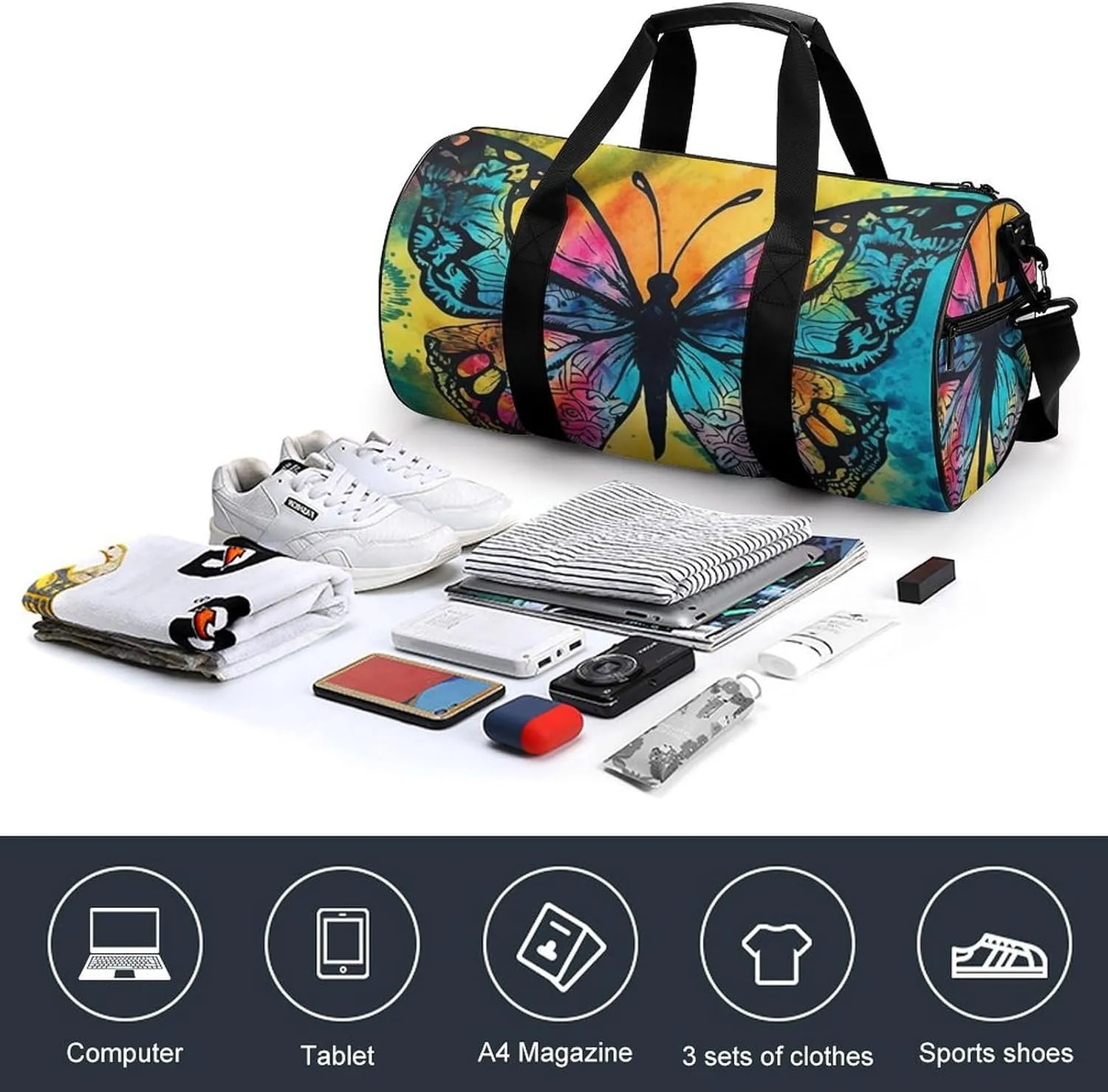 Butterfly Tie Dye Gym Bag Small Travel Duffle Bag with Compartment Carry On Weekender Bag for Women Men