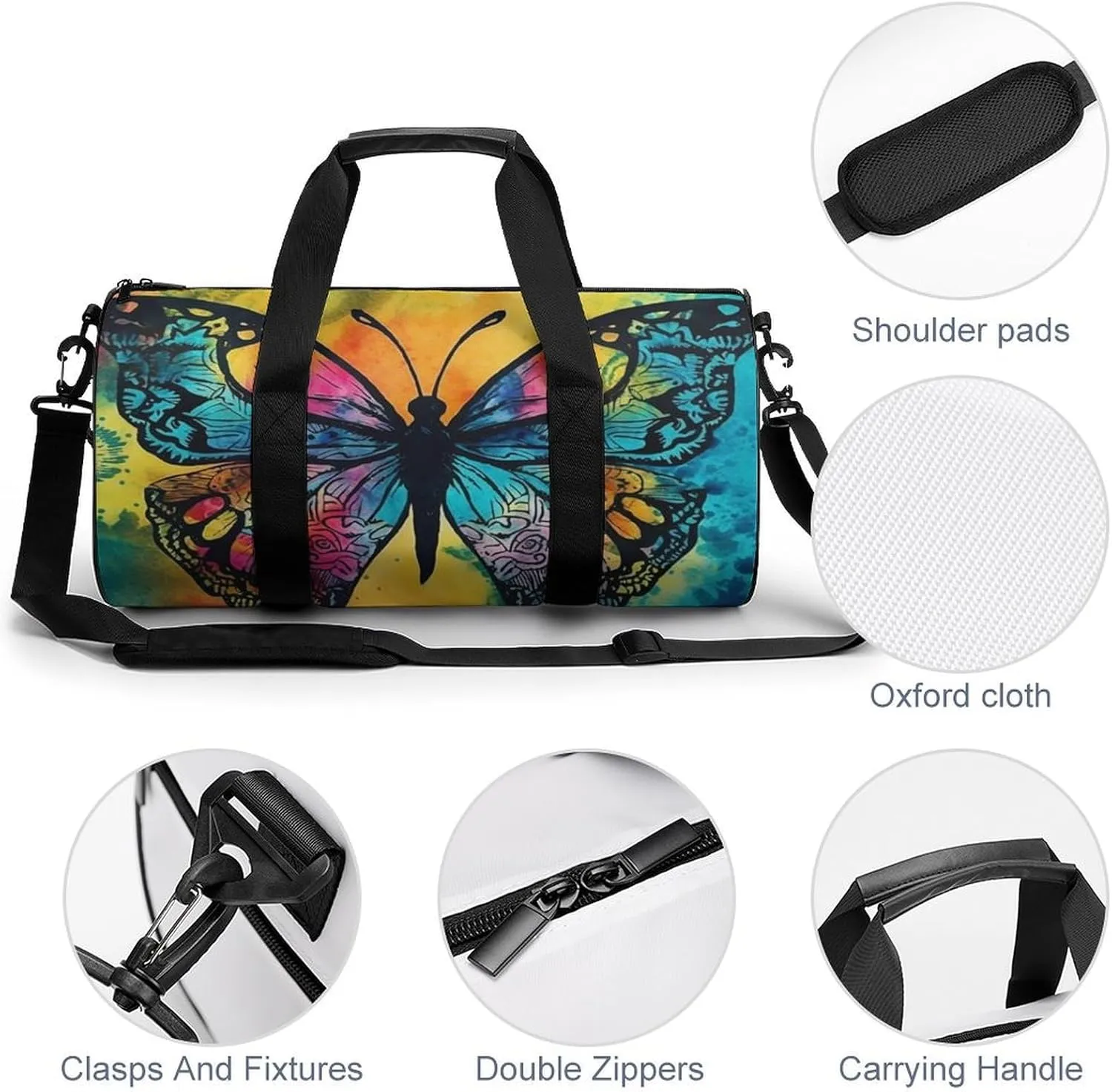 Butterfly Tie Dye Gym Bag Small Travel Duffle Bag with Compartment Carry On Weekender Bag for Women Men