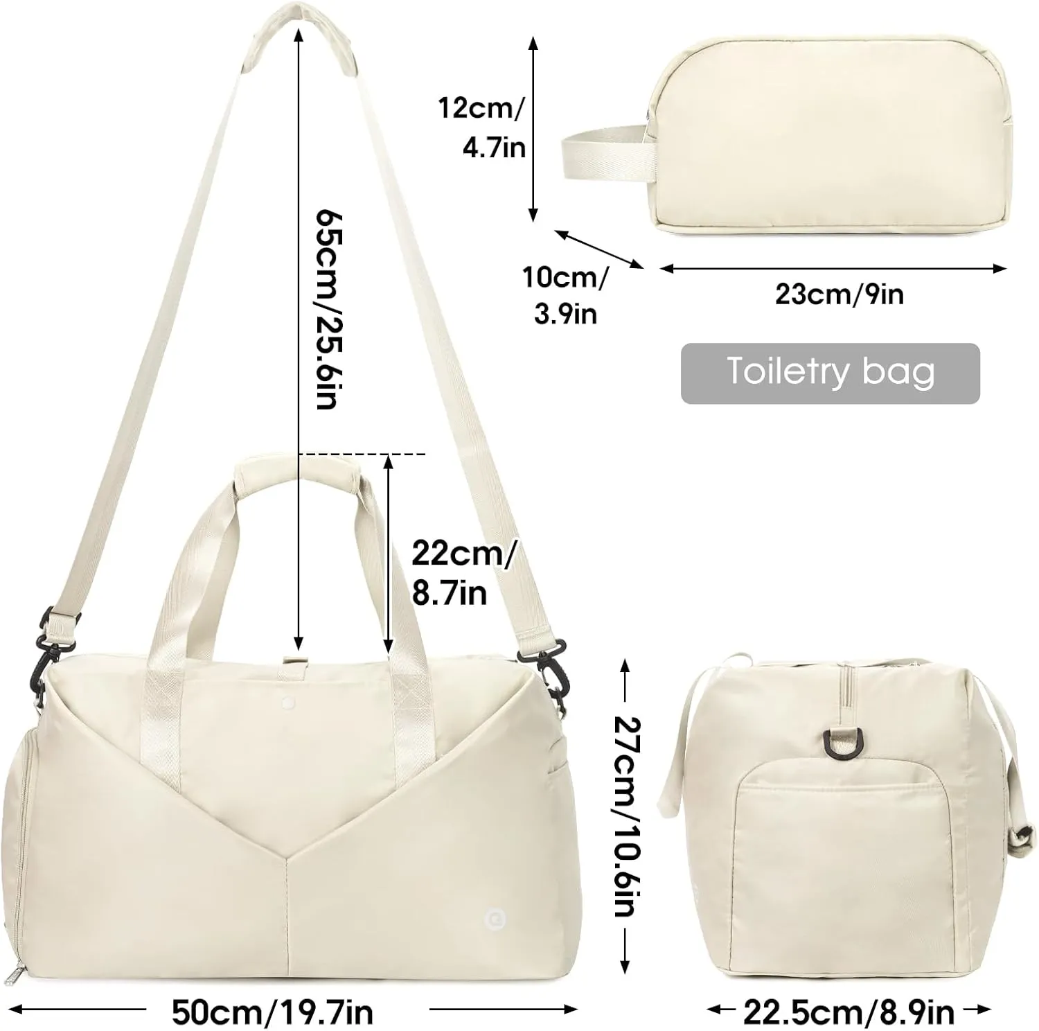 Ceneda 20" Gym Duffel with Wet Pocket & Shoes Compartment - Portable Overnight Weekender Travel & Yoga Bag for Women (Ivory)