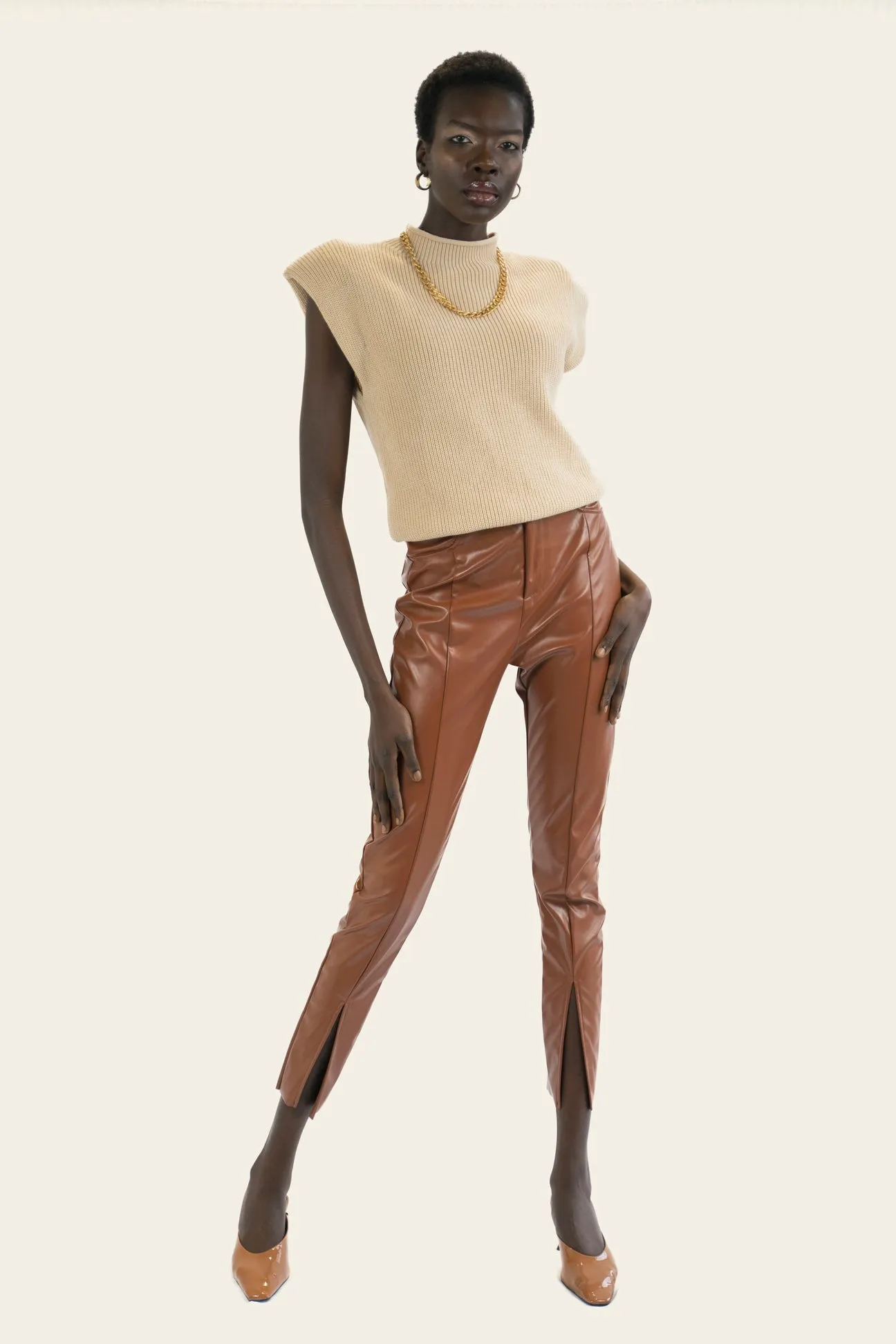Chic Vegan Leather Front Slit Leg Pants