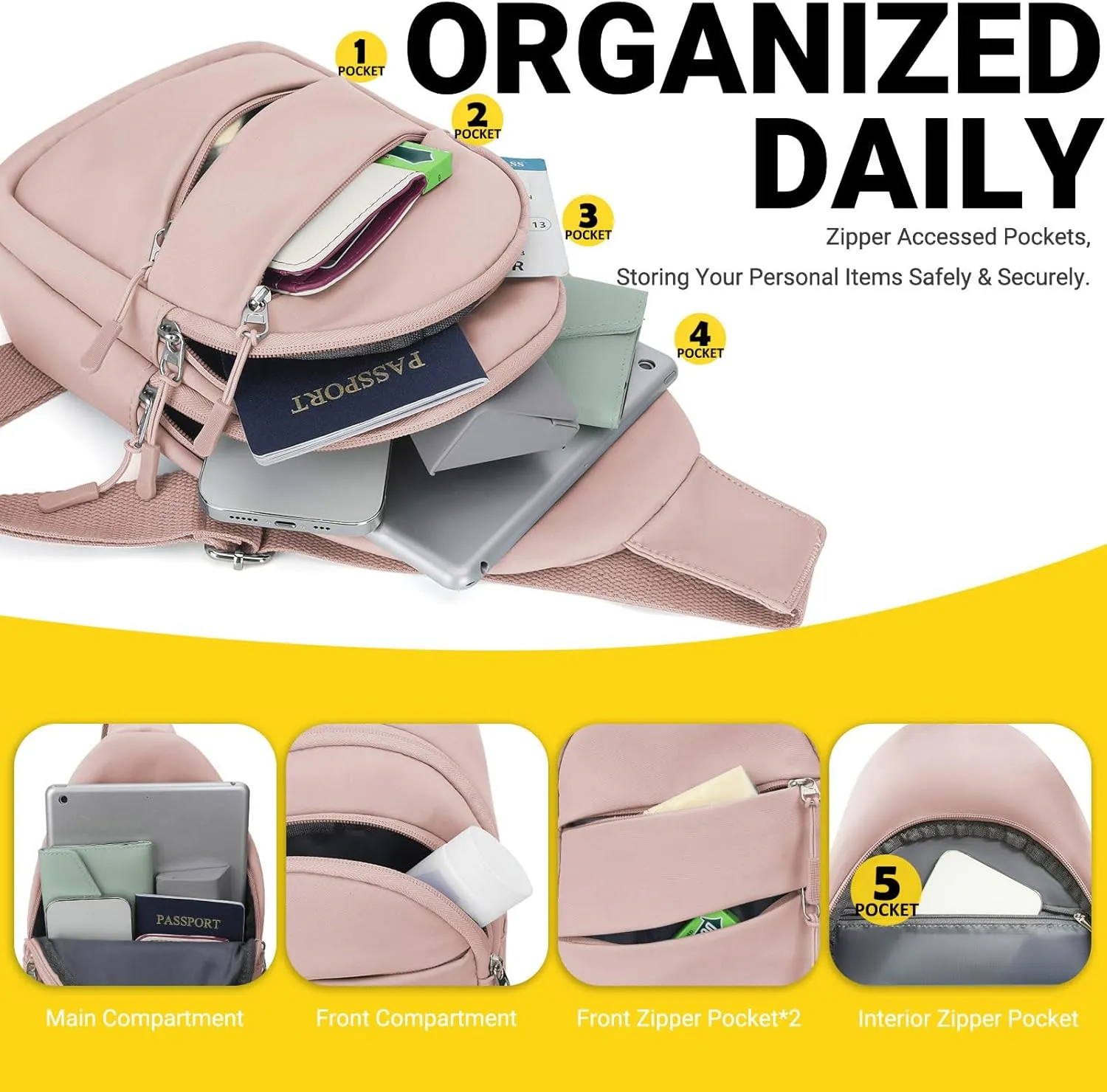 Crossbody Bags for Women, Sling Bag for Men, Small Hiking Backpack Anti Theft Lightweight for Outdoors Travel (M, Pink)