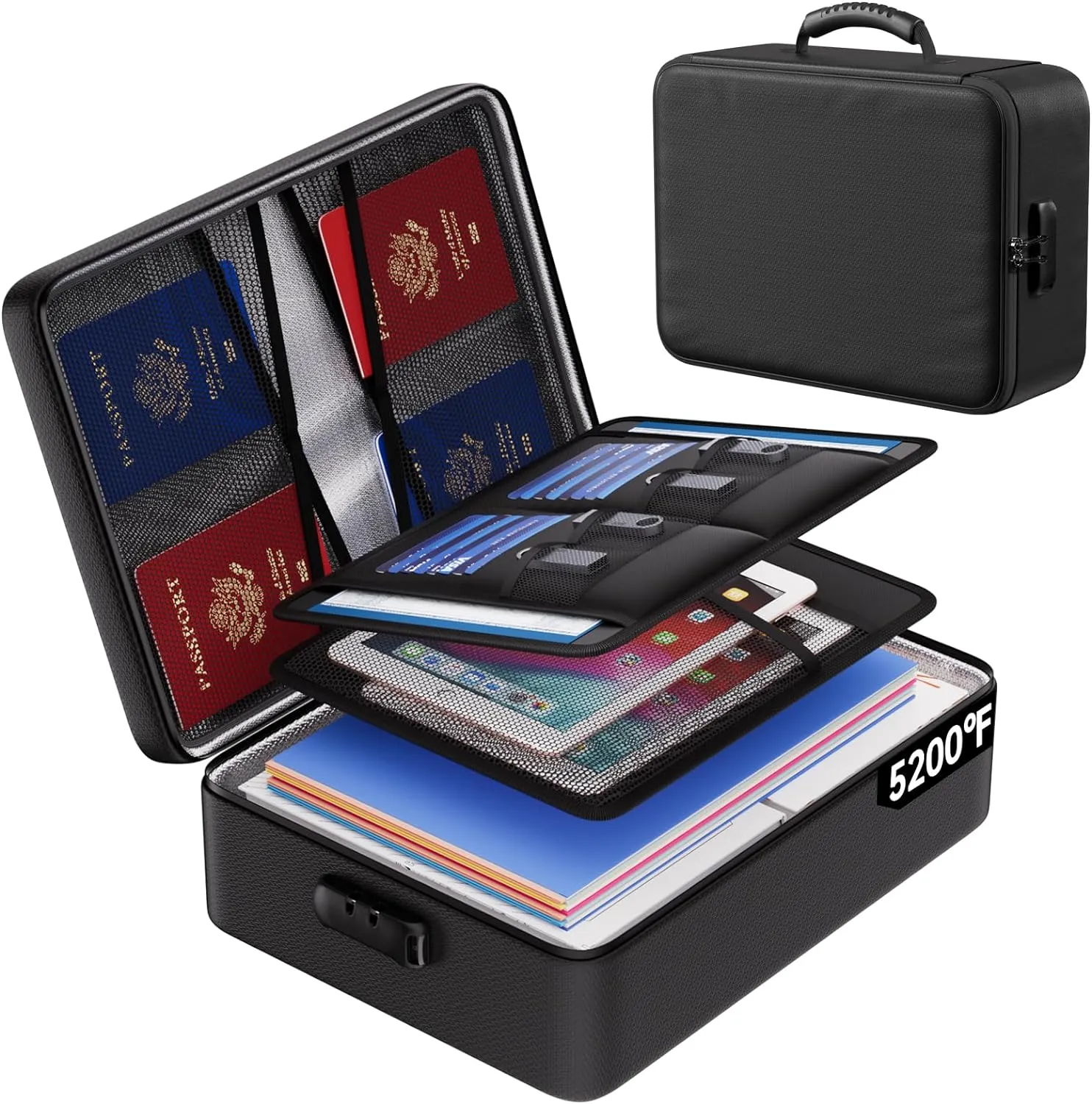 ENGPOW 5200F Fireproof Document Bag with Lock,Upgraded Heat Insulated FireproofWaterproof Box 8 Layers Document Organizer,Portable Home Travel Safe Storage for Important Documents, Files, Laptop