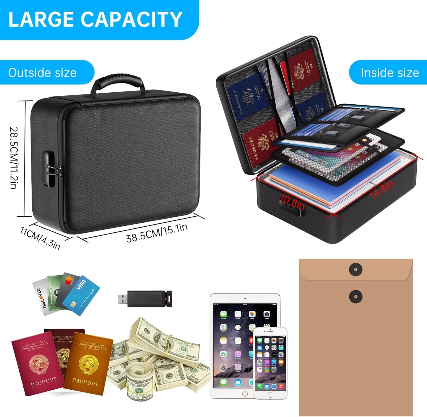 ENGPOW 5200F Fireproof Document Bag with Lock,Upgraded Heat Insulated FireproofWaterproof Box 8 Layers Document Organizer,Portable Home Travel Safe Storage for Important Documents, Files, Laptop