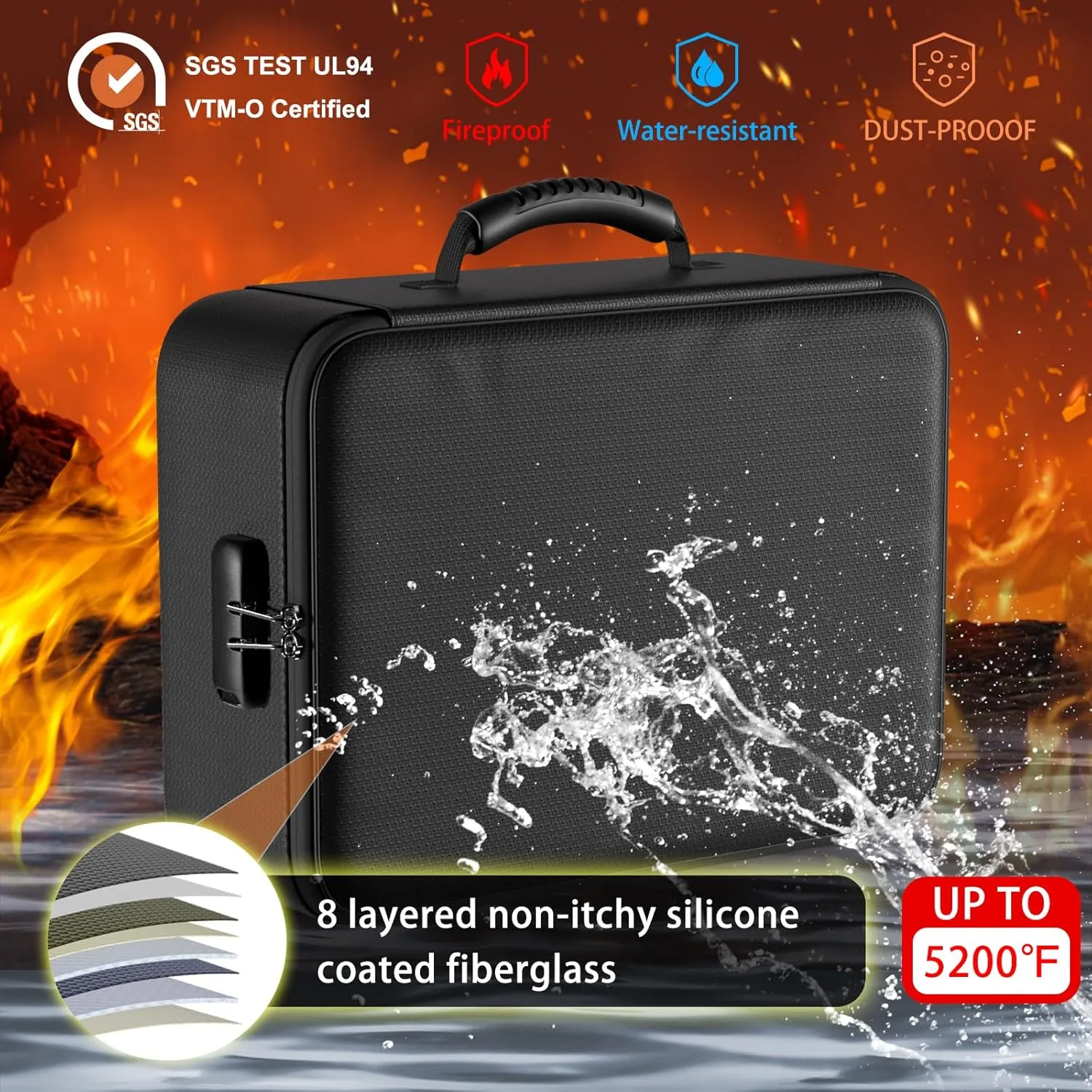 ENGPOW 5200F Fireproof Document Bag with Lock,Upgraded Heat Insulated FireproofWaterproof Box 8 Layers Document Organizer,Portable Home Travel Safe Storage for Important Documents, Files, Laptop