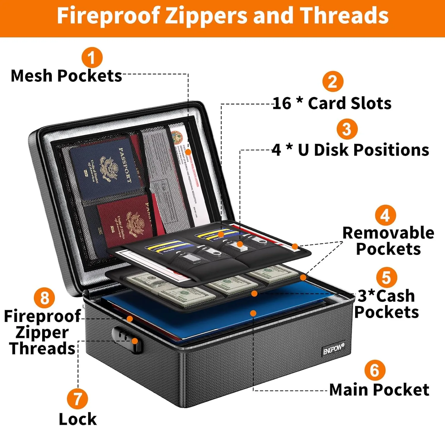 ENGPOW Fireproof Document Box, Hard Case File Box with Fireproof ZipperLock, 6400F Heat Insulated Fire and Water Resistant Portable File Organizer Storage Home Safe for Documents Laptop Cash Black