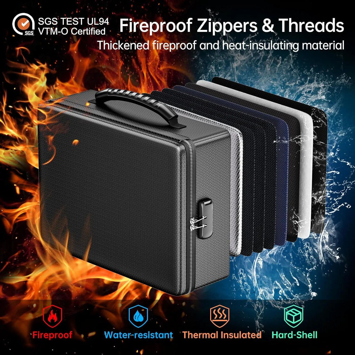 ENGPOW Fireproof Document Box, Hard Case File Box with Fireproof ZipperLock, 6400F Heat Insulated Fire and Water Resistant Portable File Organizer Storage Home Safe for Documents Laptop Cash Black